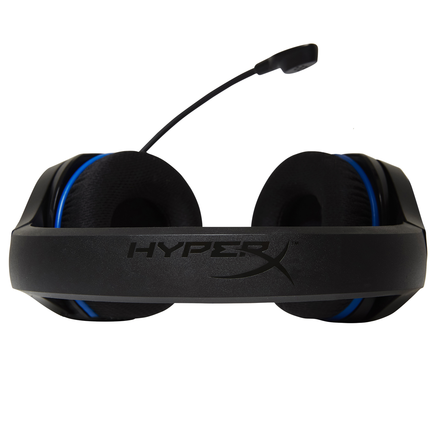 Schwarzes HyperX-Gaming-Headset mit blauen Akzenten und Mikrofon, isoliert auf Weiß.