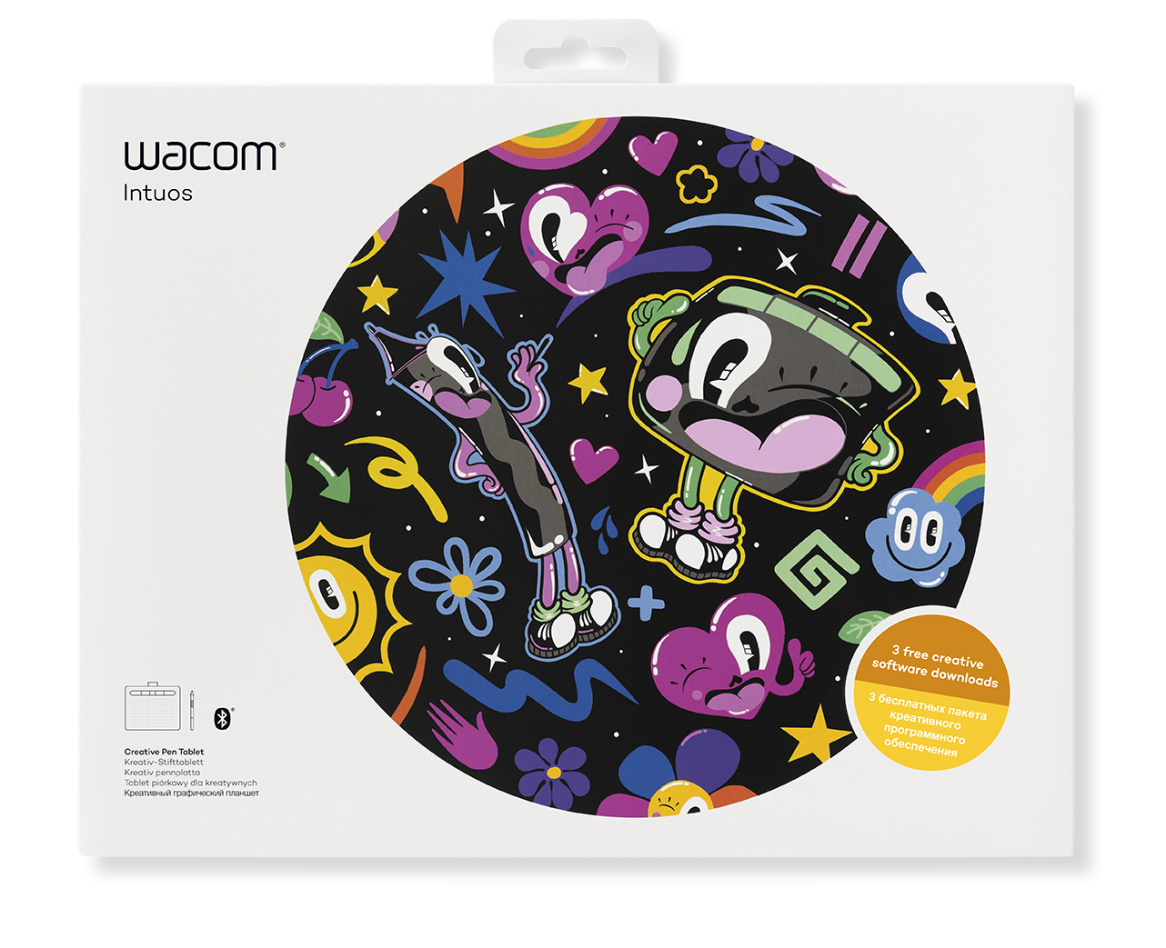 Wacom Intuos Tablet-Box mit bunten Illustrationen und Text, weißer Hintergrund.