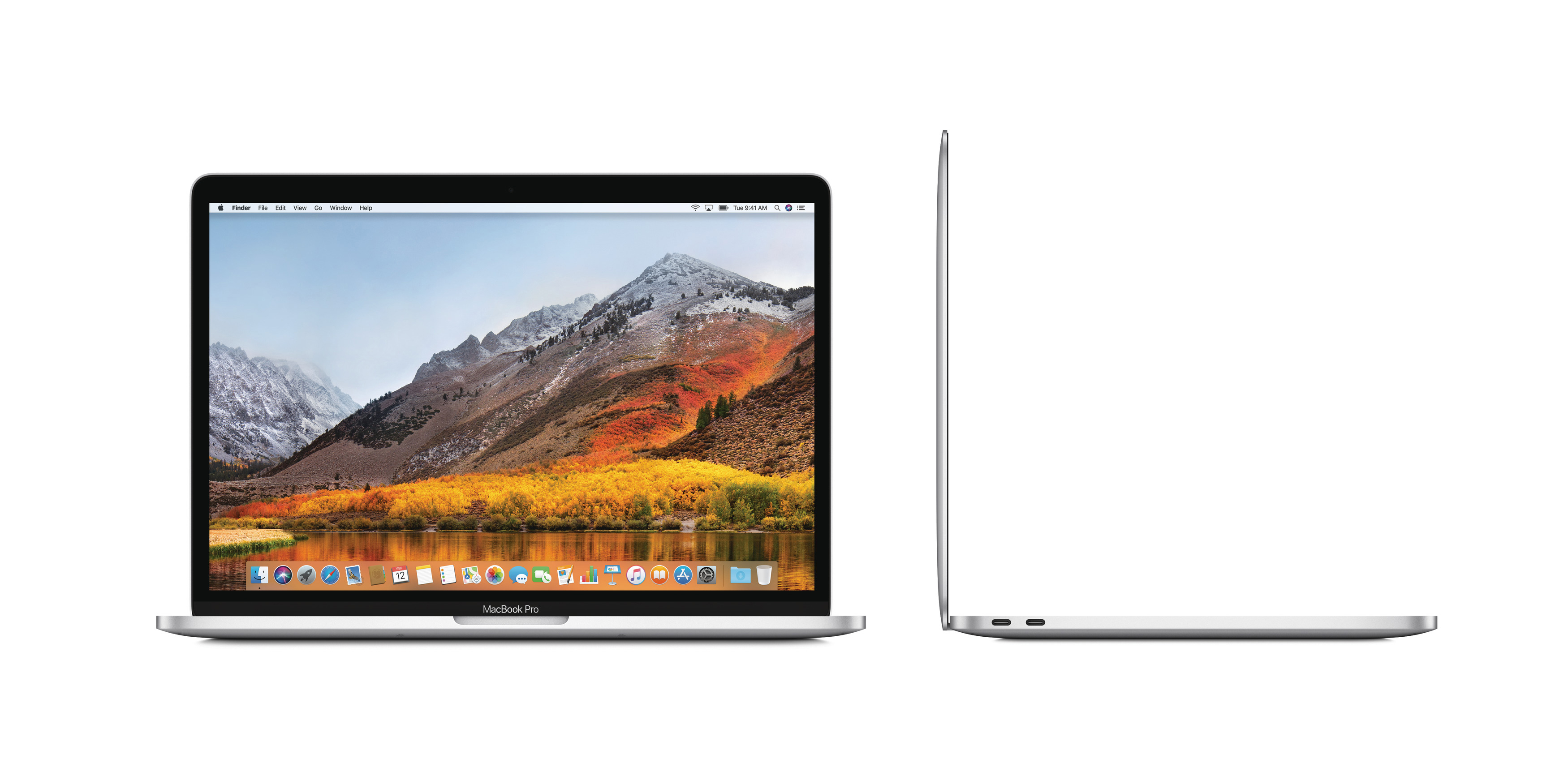 Laptop mit Landschaftstapete, Vorder- und Seitenansicht, isoliert auf Weiß.