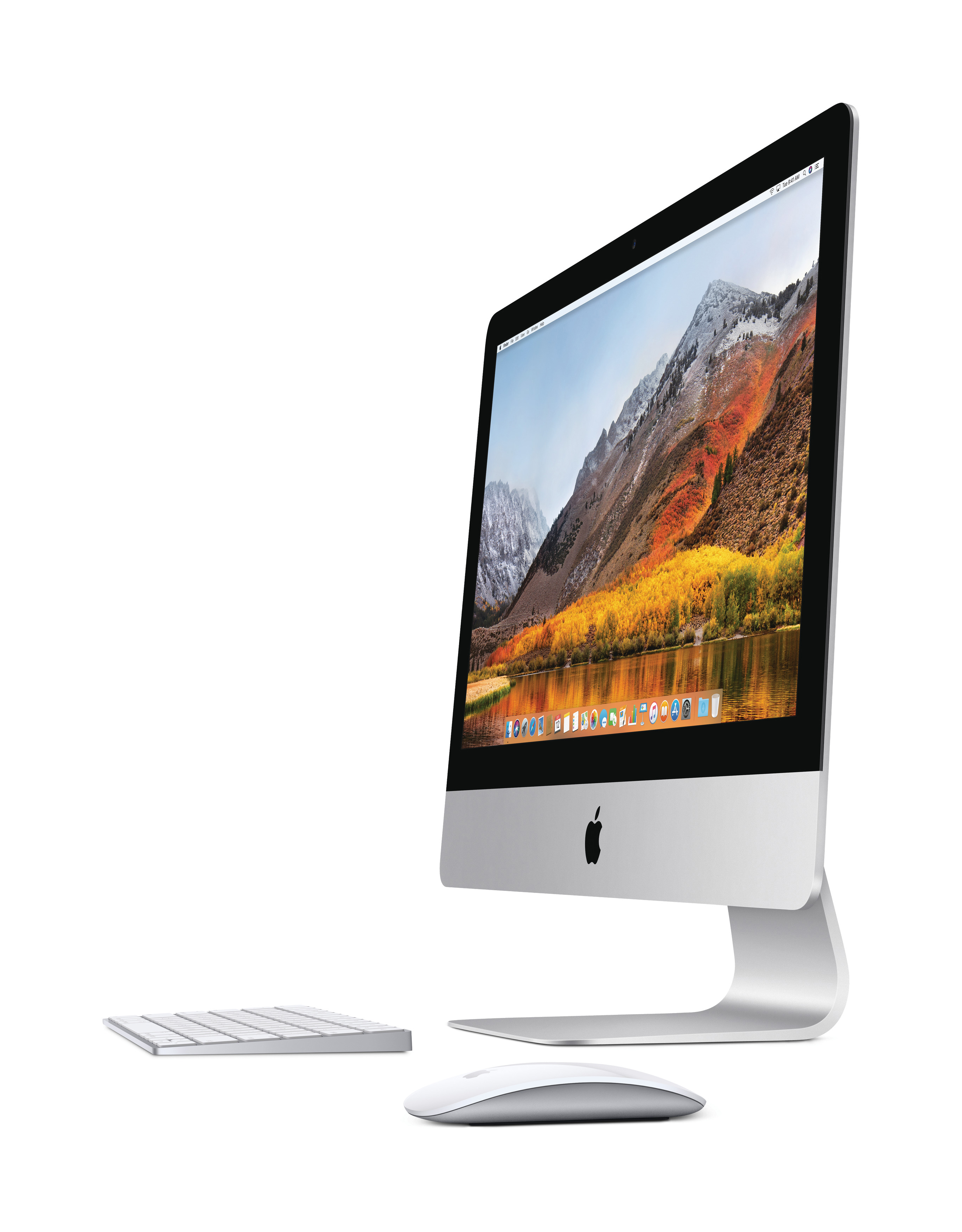 iMac mit Tastatur und Maus. Der Bildschirm zeigt eine Landschaft mit Bergen, einem See und Bäumen.