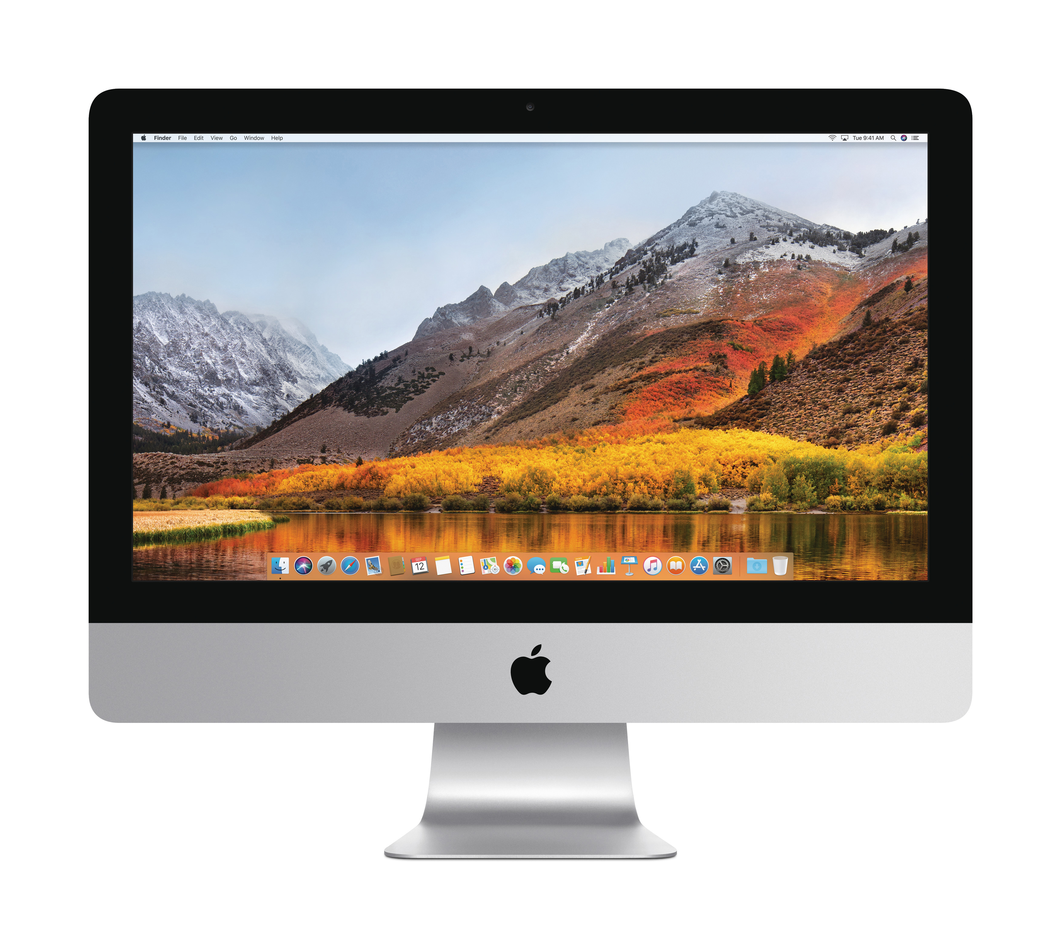 Silberner iMac-Computer, der eine Berglandschaft mit Wasser und gelben Bäumen zeigt.