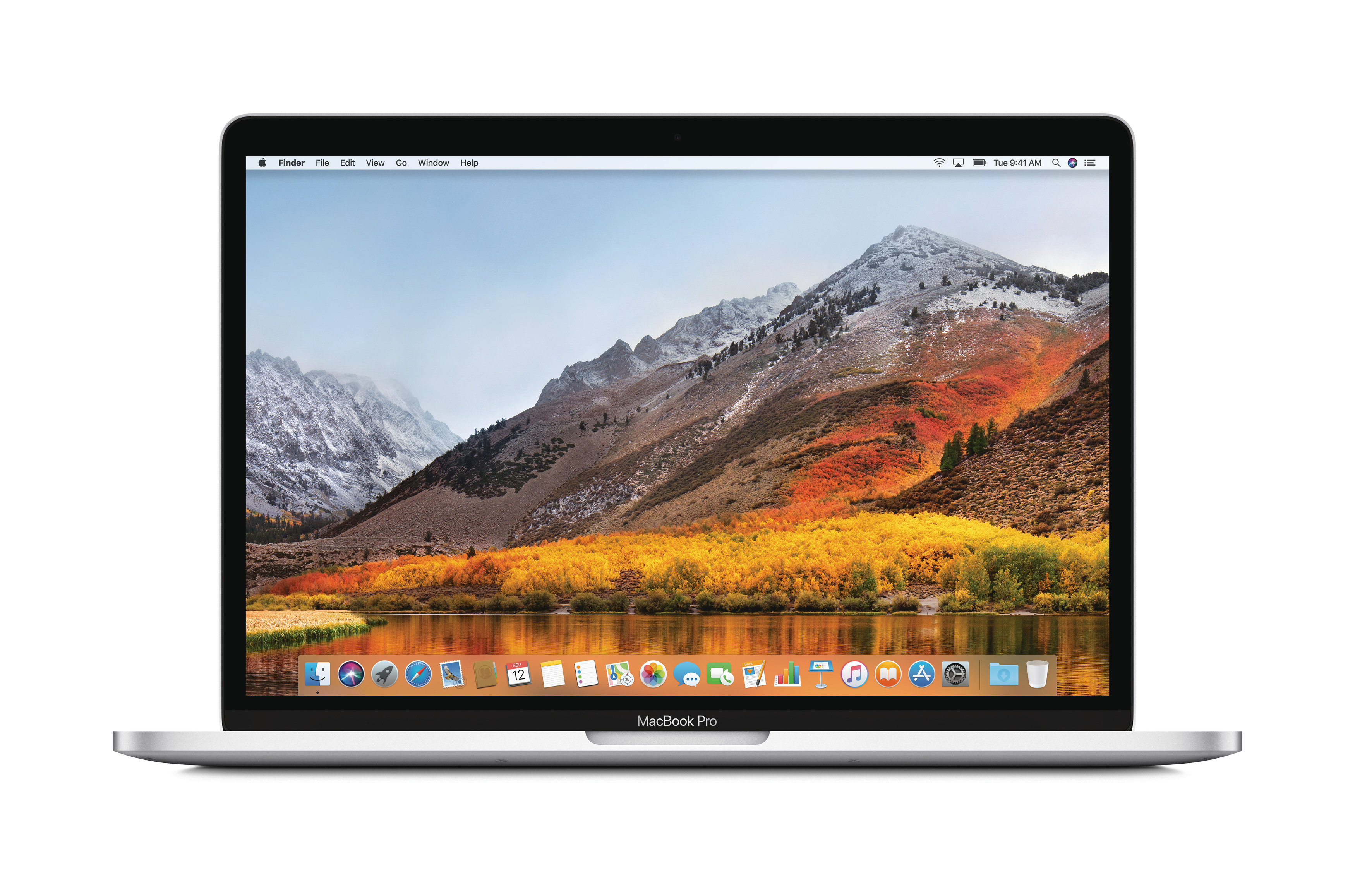 Ein MacBook Pro Laptop zeigt eine Landschaftsszene. Tastatur und Bildschirm sind sichtbar.