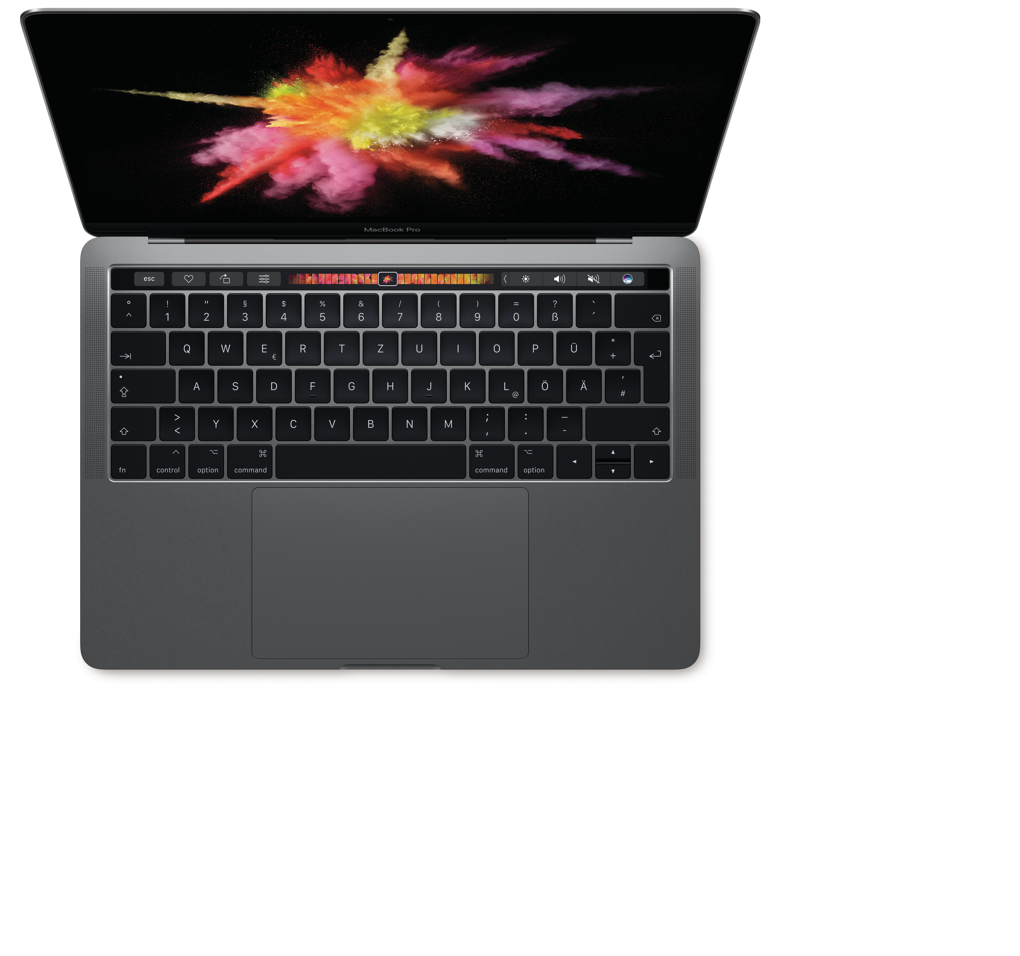 Laptop-Tastatur. Der Bildschirm zeigt bunte abstrakte Formen auf schwarzem Hintergrund.