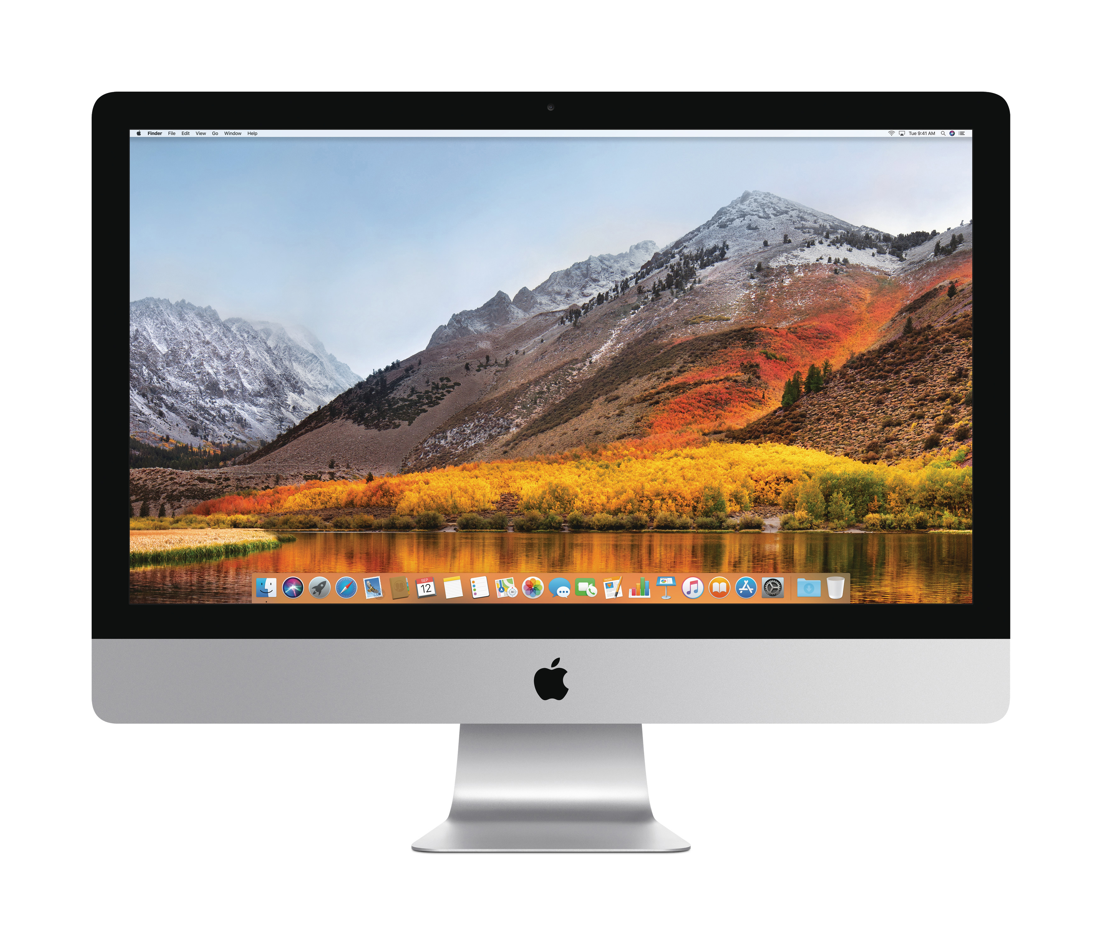 Silberner iMac-Computer mit landschaftlichem Hintergrund mit Bergen, See und Herbstlaub.