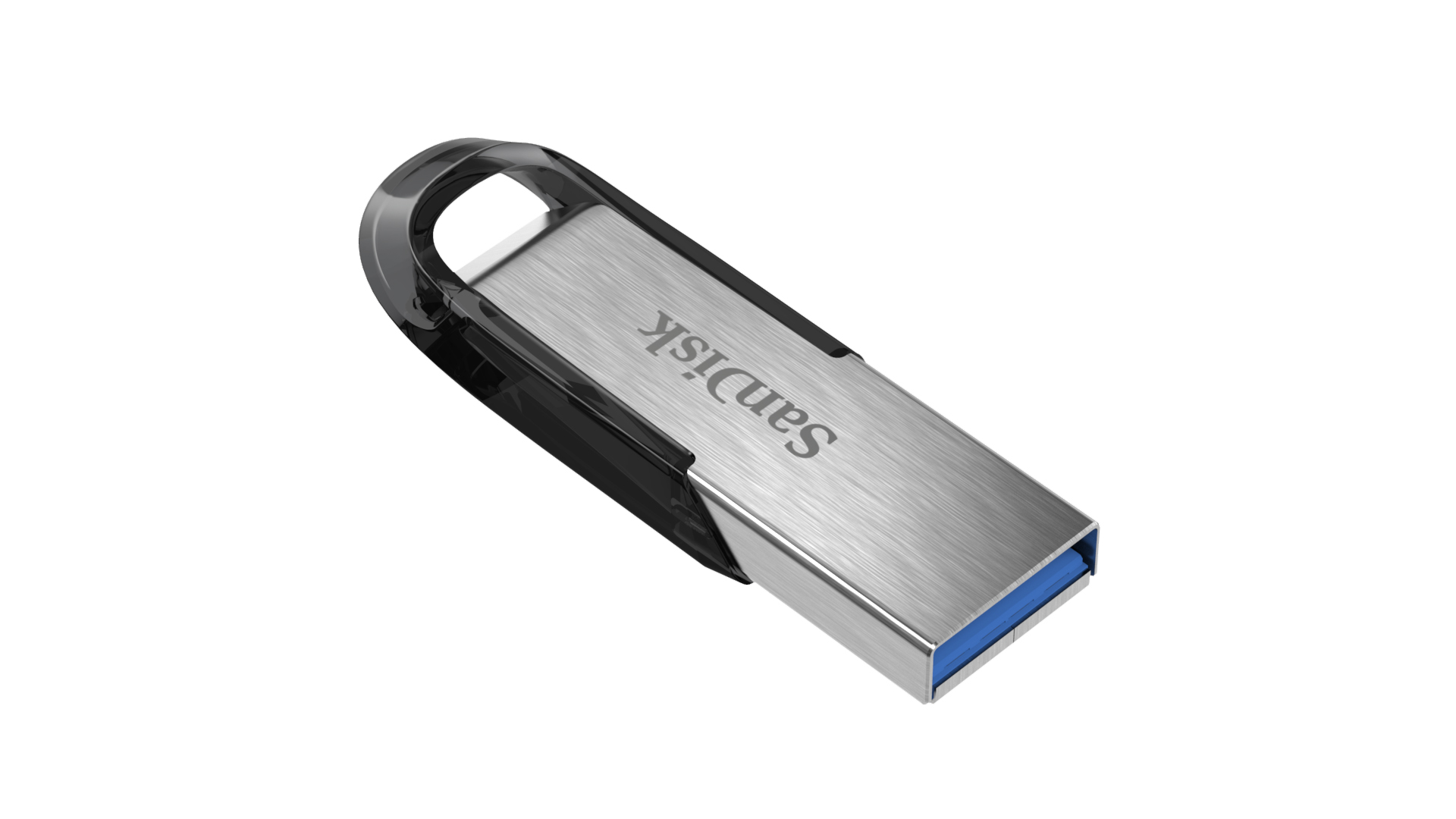 Silver and black SanDisk USB flash drive. It is laying on a white surface.