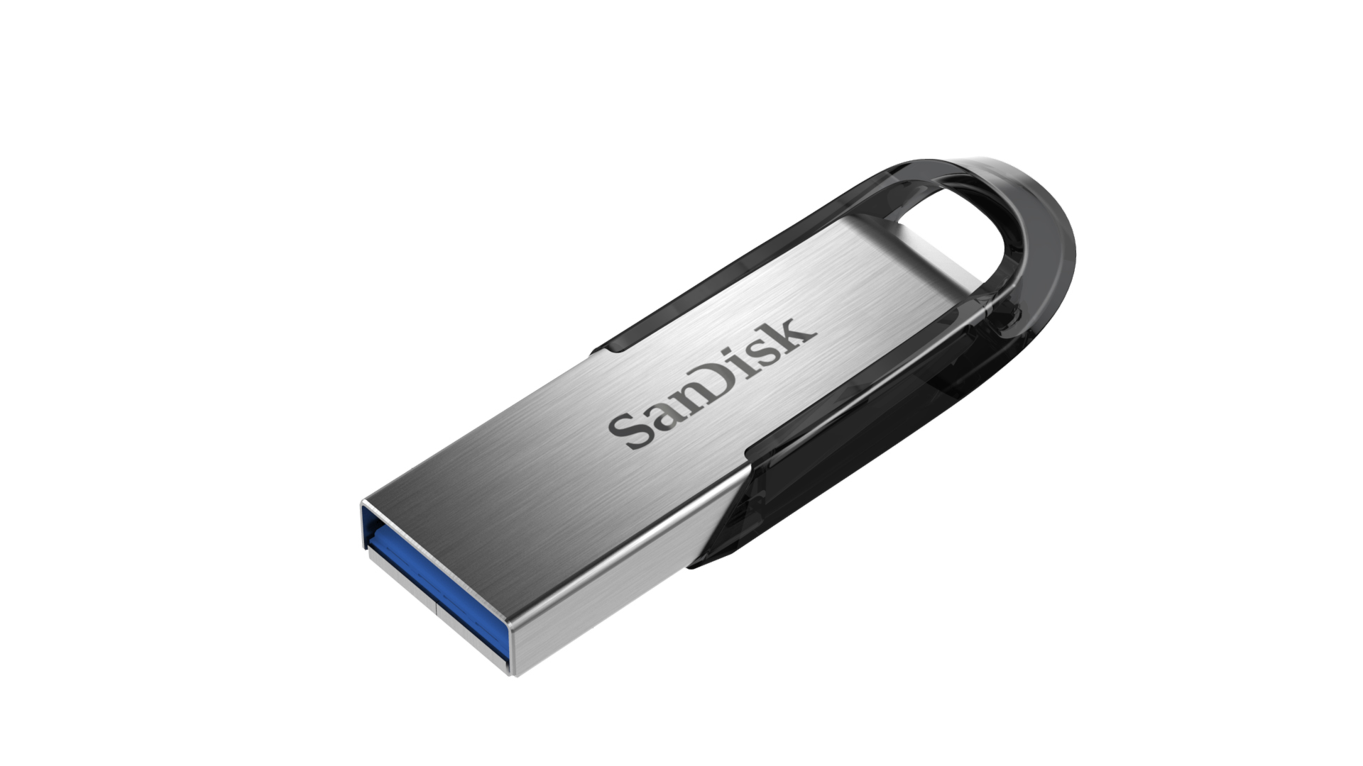 Silver and black USB drive with the 'SanDisk' logo, isolated on white.
