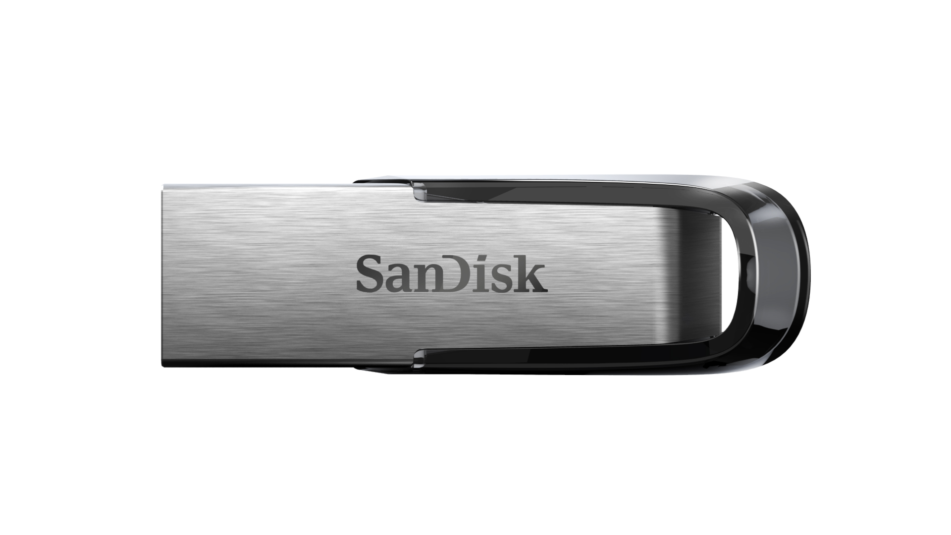 Silberner und schwarzer SanDisk USB-Stick. Das SanDisk-Logo ist auf dem silbernen Gehäuse sichtbar.