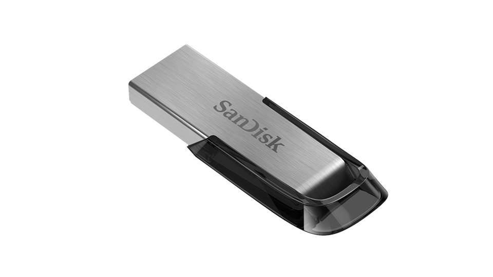 Metallic silver USB flash drive with the Sandisk logo on a black background.