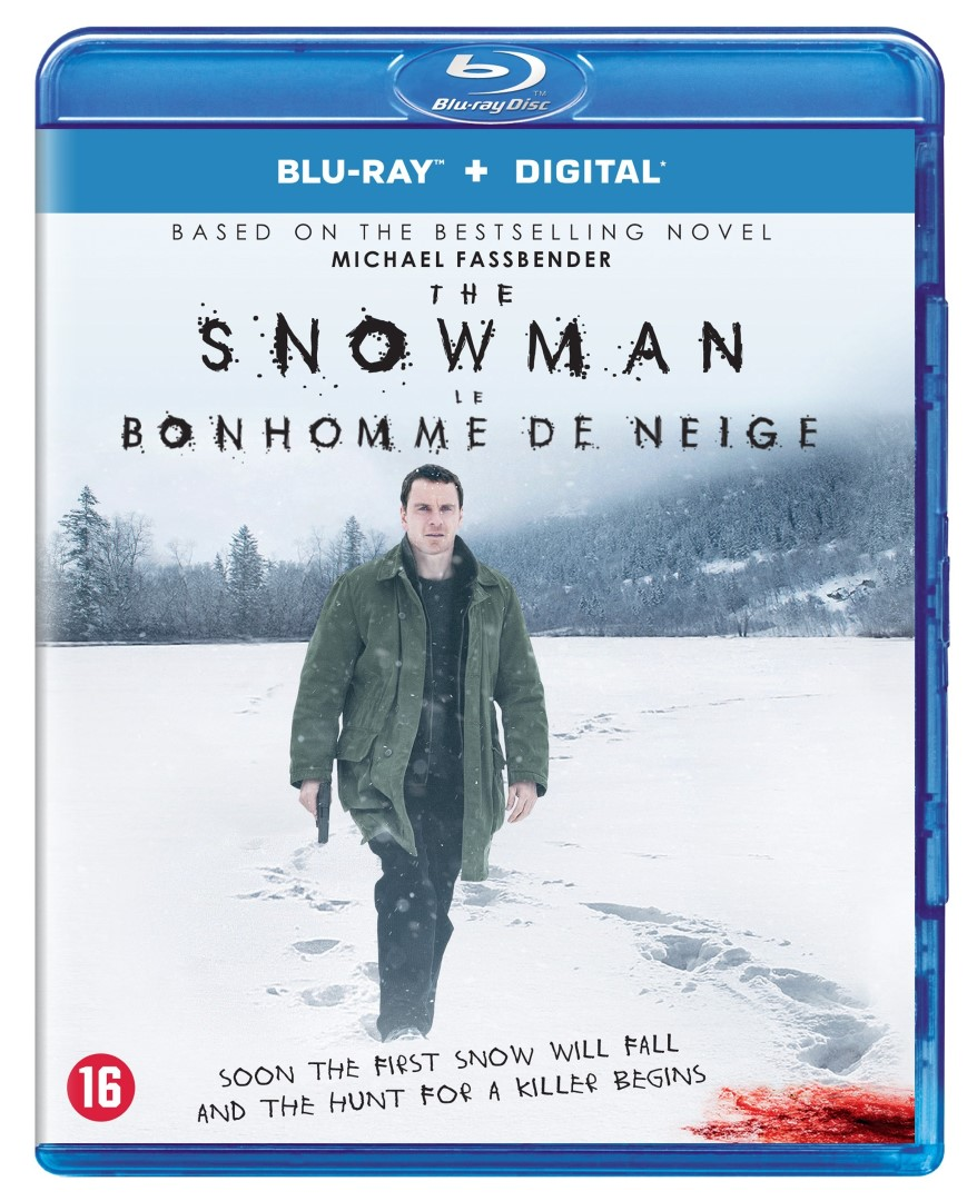 Couverture du film : 'The Snowman' avec un homme tenant une arme, champ de neige et sang.