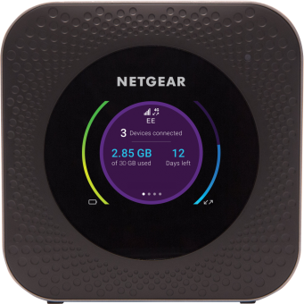 Schwarzer tragbarer WLAN-Router von NETGEAR mit Bildschirm, der Nutzungsdaten anzeigt.