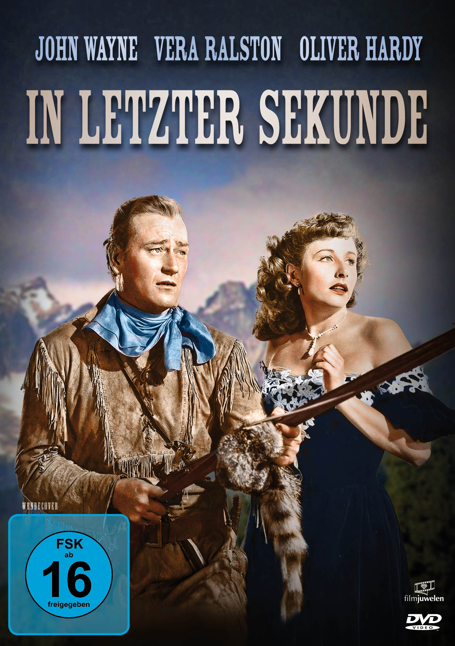 Filmplakat mit John Wayne und Vera Ralston. Sie schauen nach oben, und eine Waffe ist in der Hand der Frau.