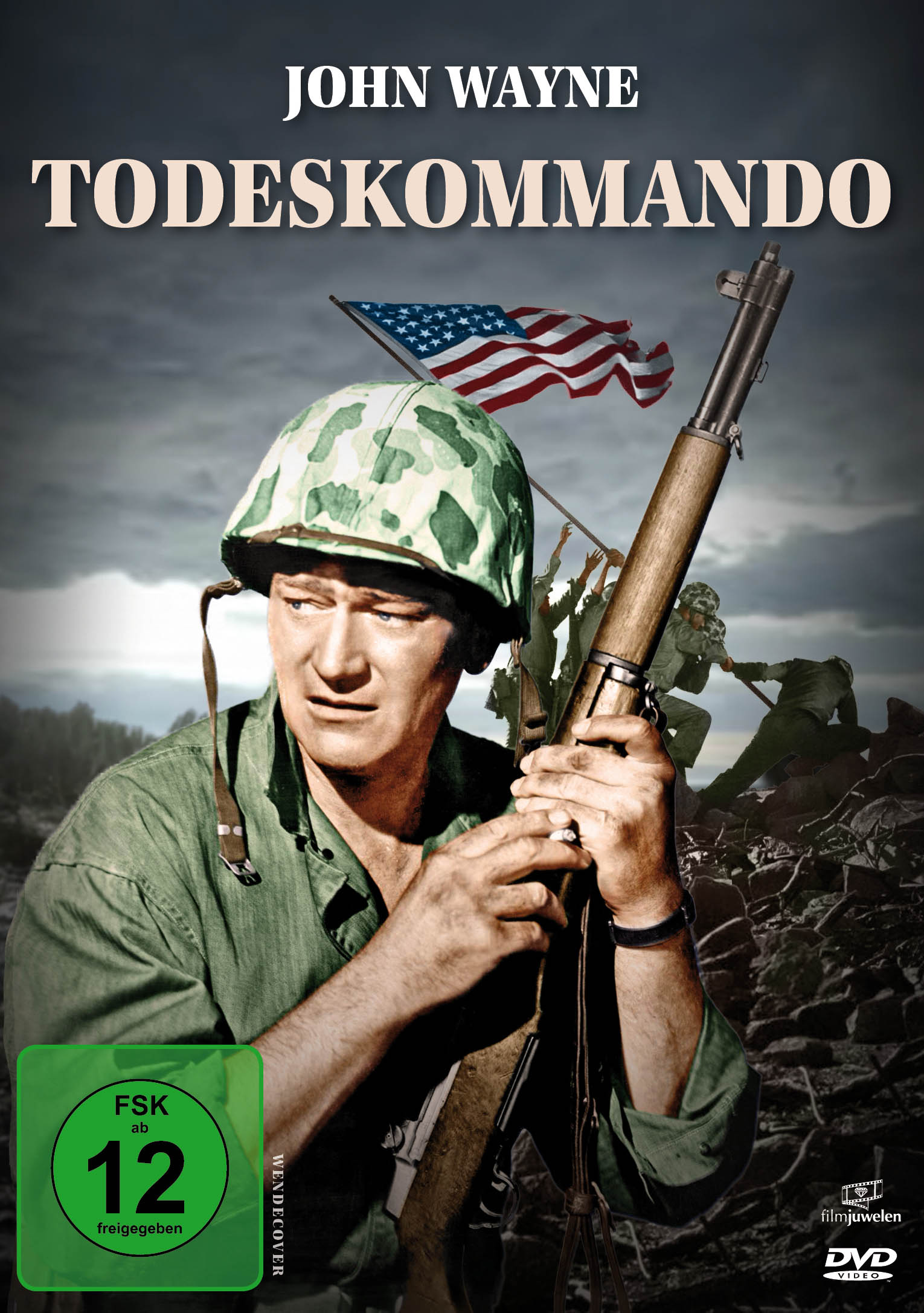 Filmposter: John Wayne in Todeskommando, trägt einen Helm, mit Soldaten und einer Flagge.