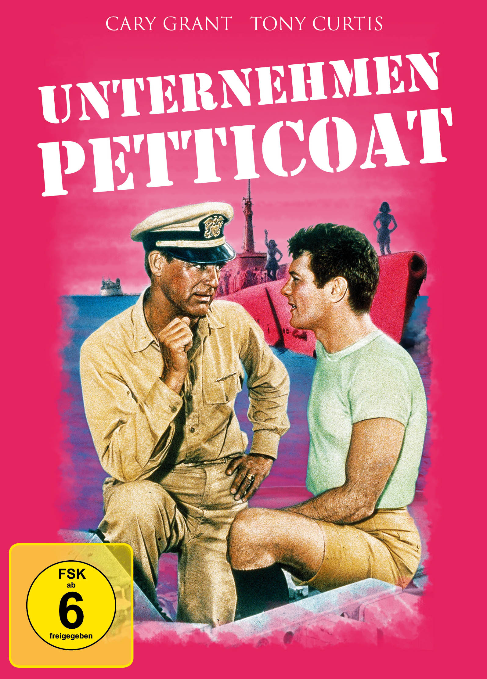 Filmposter mit Cary Grant und Tony Curtis auf pinkem Hintergrund.
