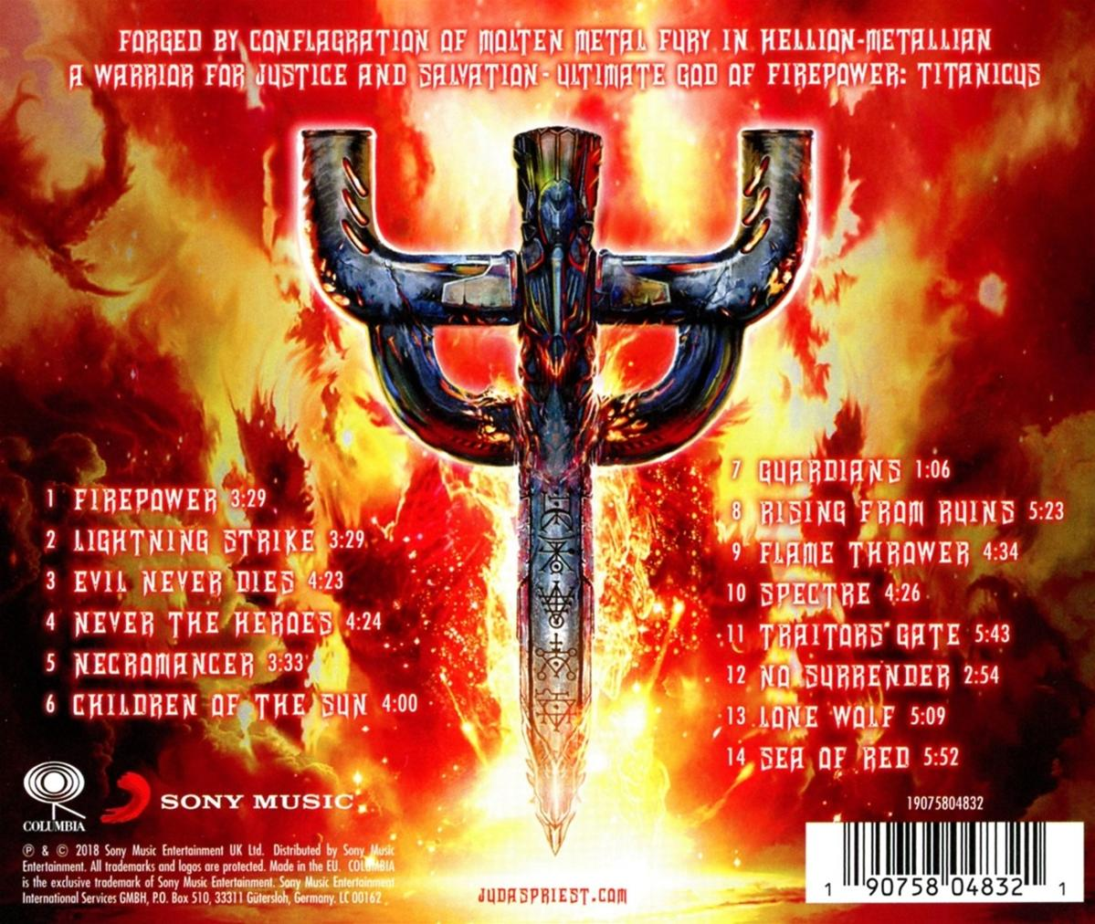 Rückseite eines Judas Priest Albums mit Trackliste, Bandlogo und Text zum Album.