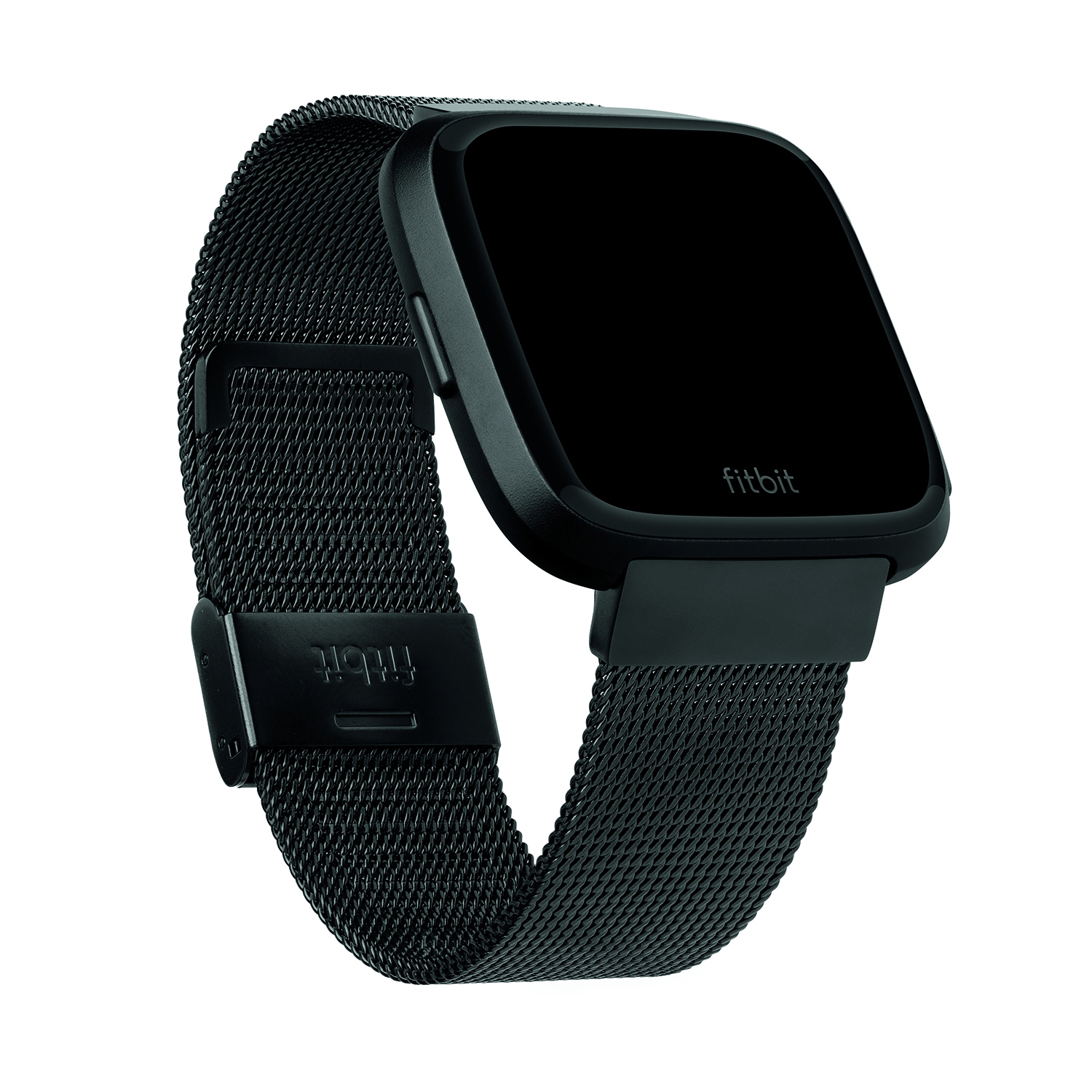 Schwarze Fitbit Versa Smartwatch mit schwarzem Armband. Weißer Hintergrund.