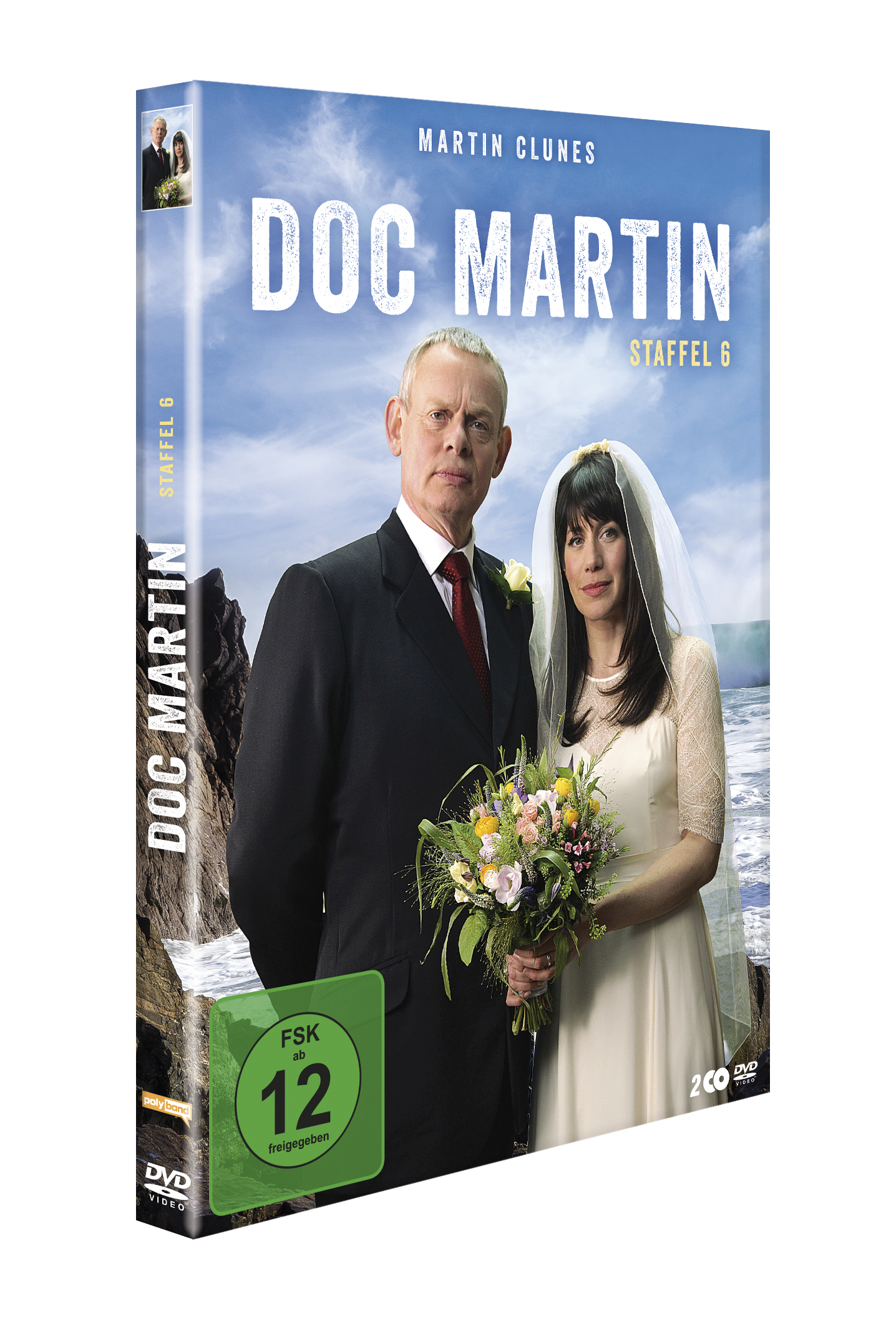 Doc Martin DVD-Cover. Mann im Anzug, Frau im weißen Kleid, Blumen haltend.