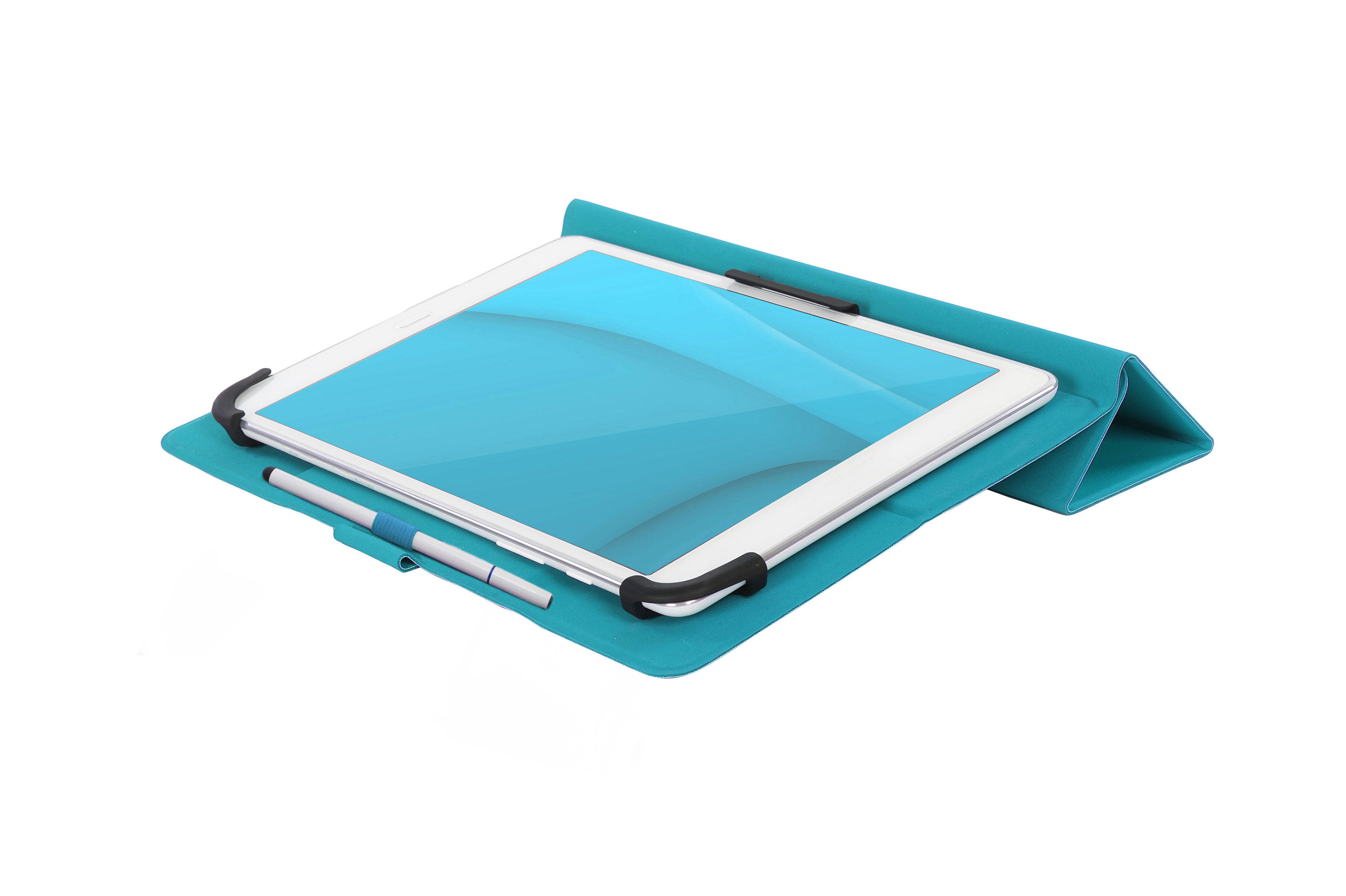 Ein Tablet mit blauem Bildschirm liegt in einer tealfarbenen Hülle, neben einem Stift.