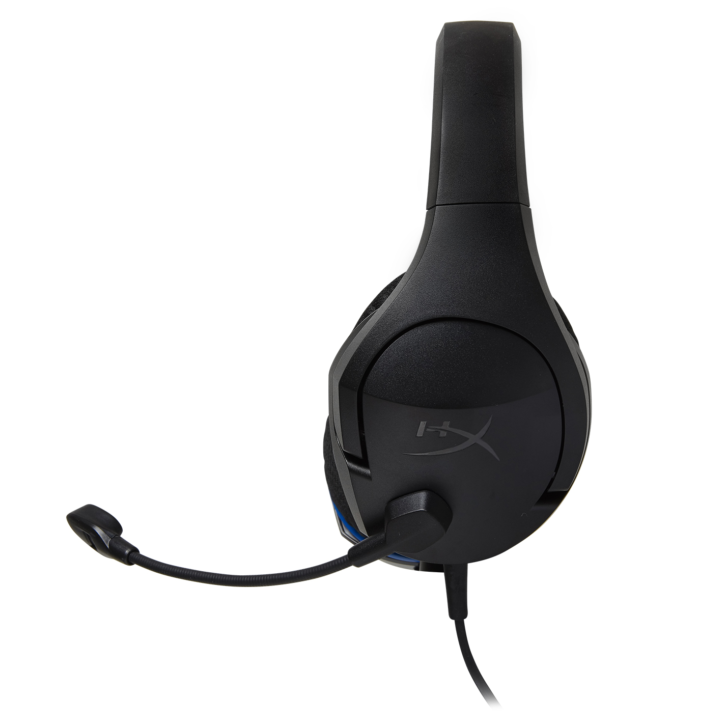 Schwarzes HyperX Gaming-Headset mit Mikrofon auf weißem Hintergrund.