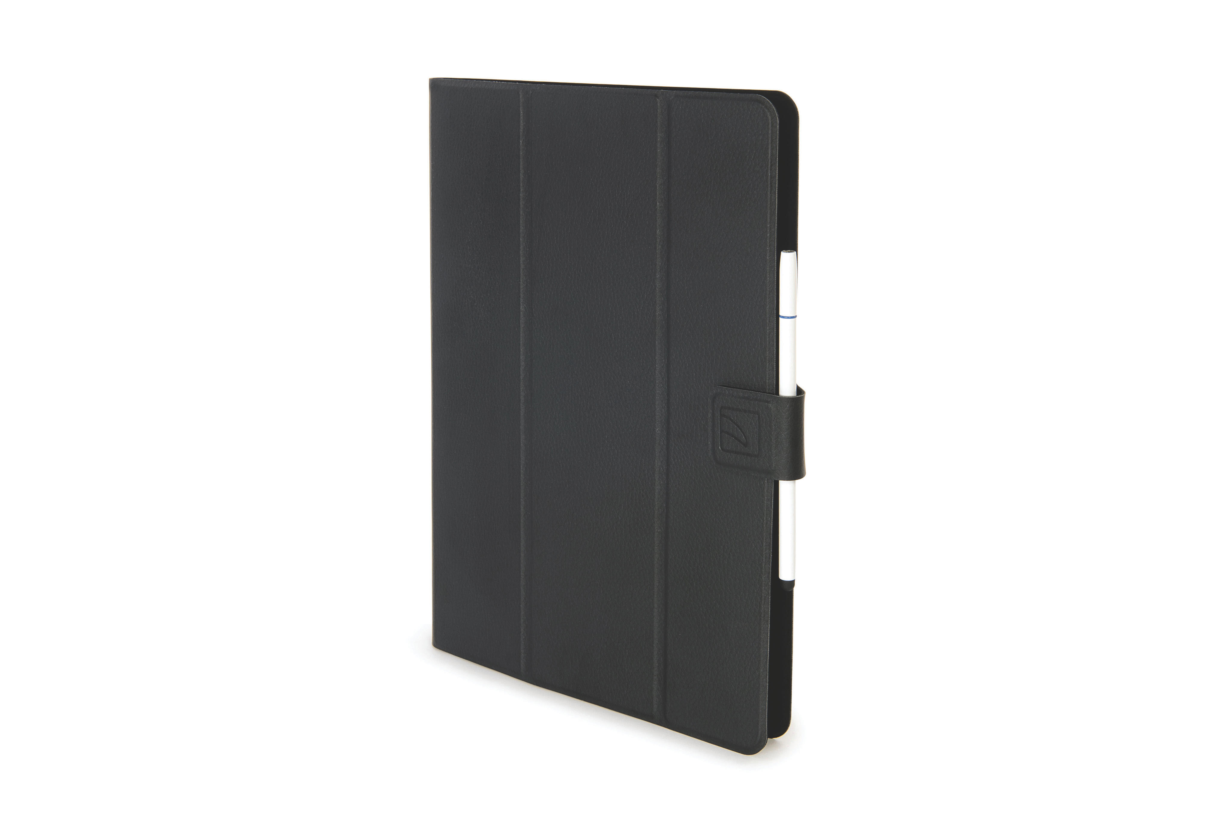 Schwarze Tablet-Hülle mit Stifthalter und Magnetverschluss.