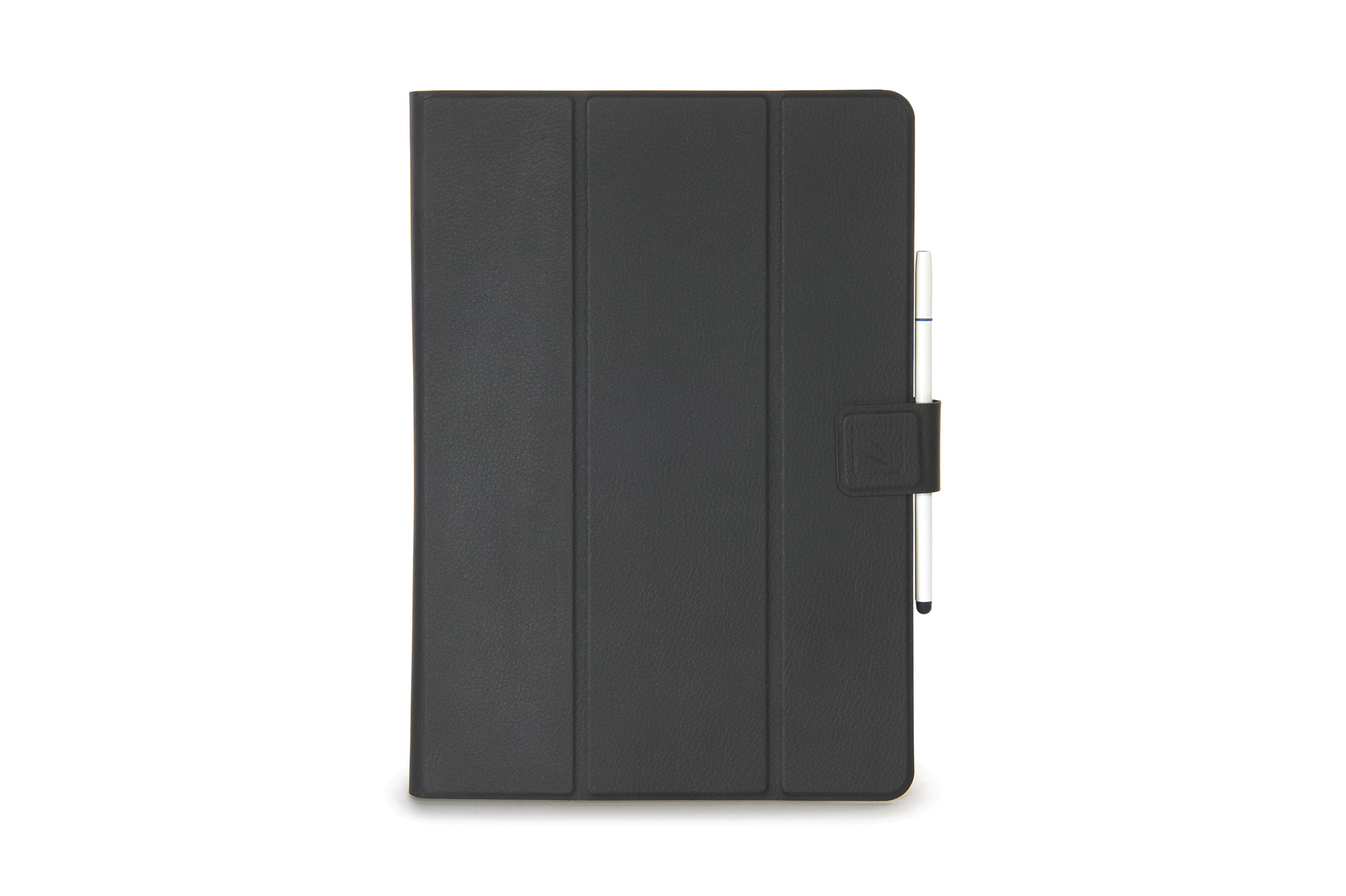 Schwarze Tablet-Hülle mit Stift. Hülle mit Knopf verschlossen.