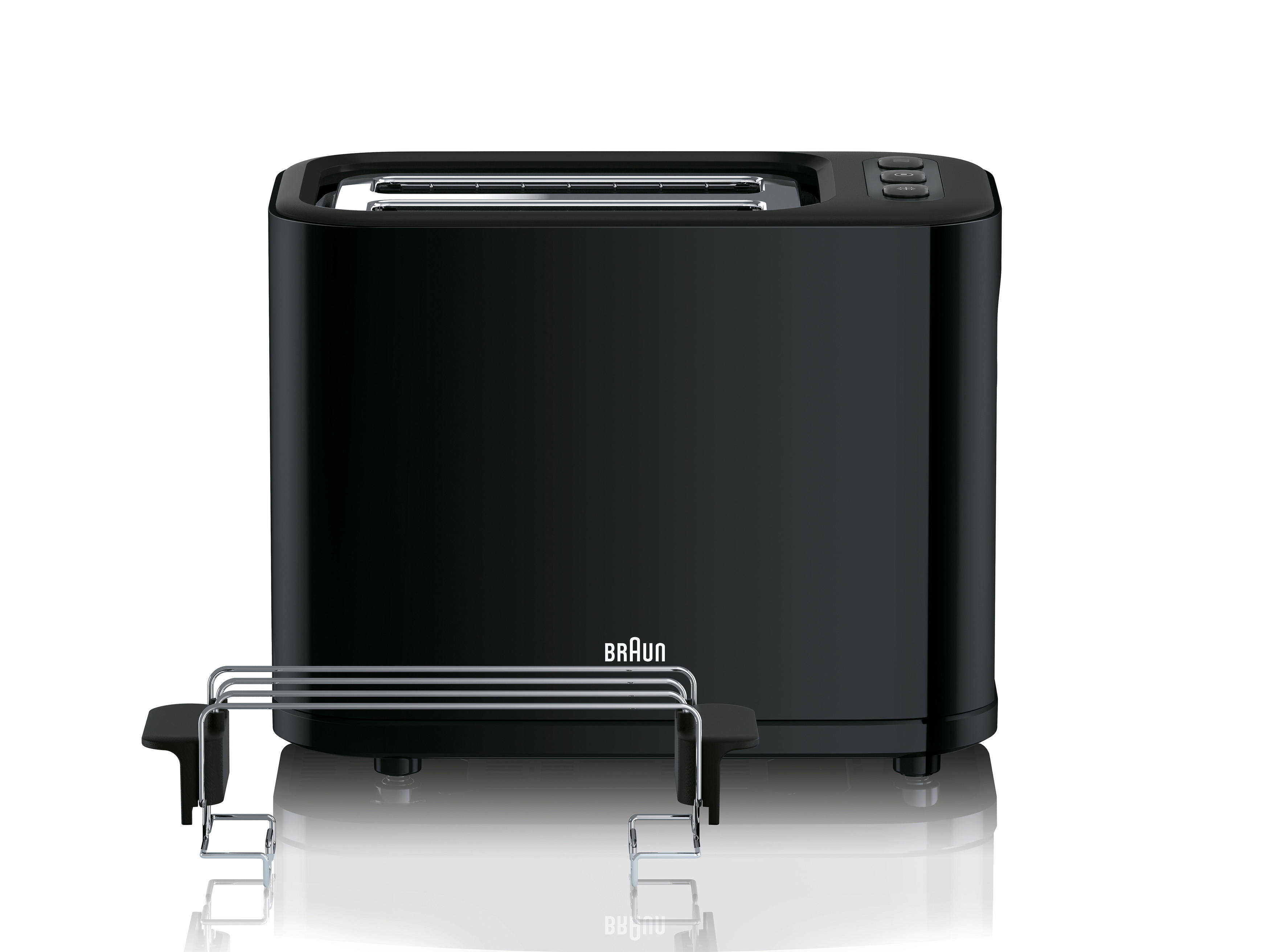 Schwarzer Braun-Toaster mit silbernem Warmhalterost, isoliert auf weißem Hintergrund.