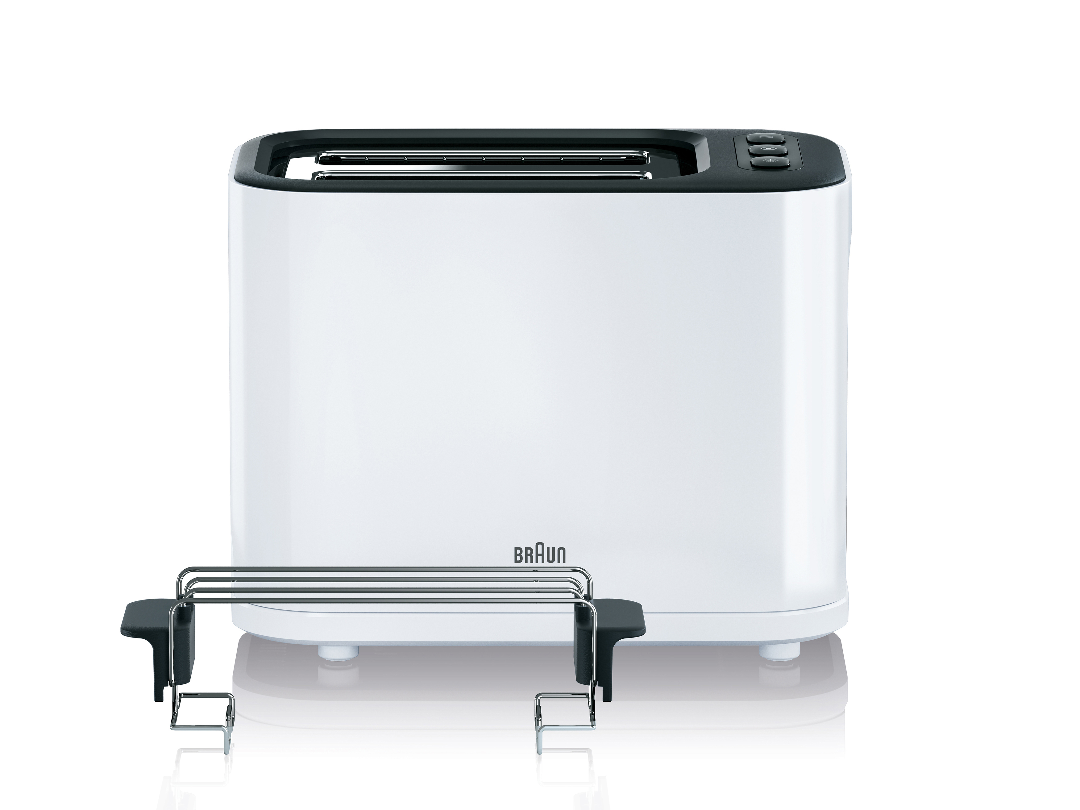 Weißer Braun Toaster mit schwarzen Akzenten. Enthält einen Rost zum Toasten von Brotscheiben. Weißer Hintergrund.