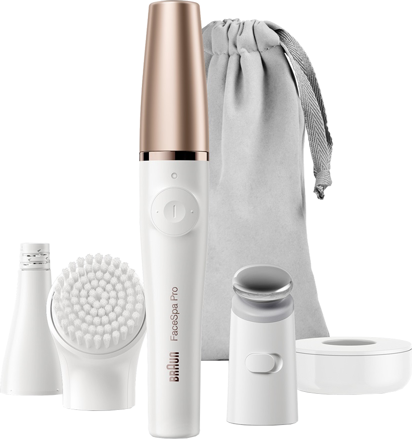 Un kit d'épilation faciale Braun FaceSpa Pro blanc avec plusieurs accessoires et une pochette.