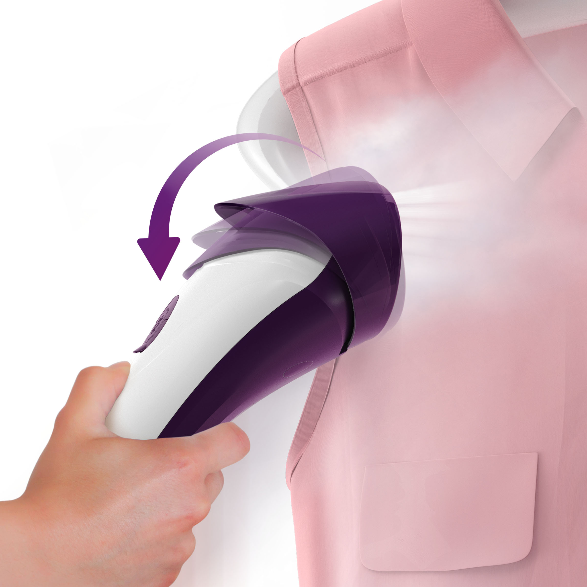 Hand, die einen lila-weißen Kleidungsdämpfer hält und ein rosa Hemd auf einem weißen Bügel dämpft.