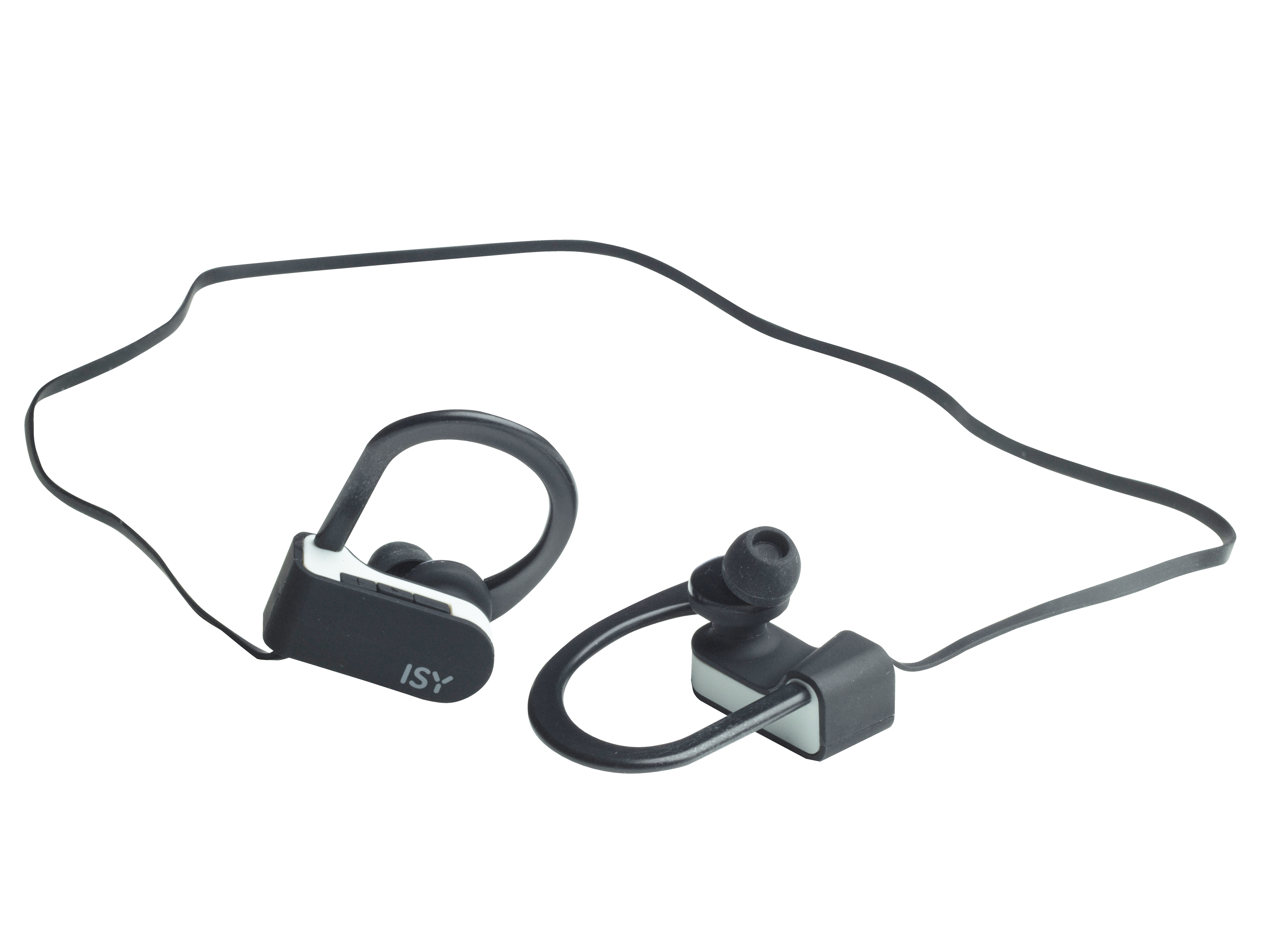 Schwarze und graue ISY-Wireless-Ohrhörer, mit einem Verbindungsdraht.
