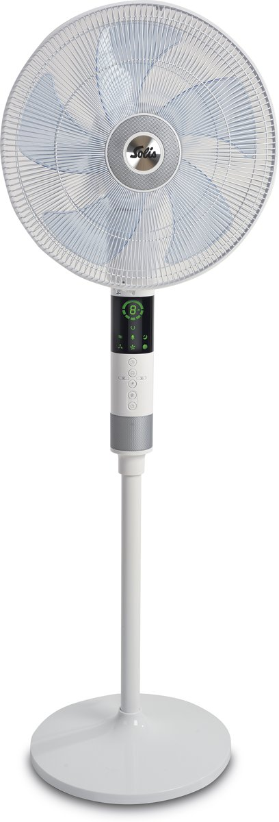 A white Solis standing fan. It has a digital display and control buttons. The blades are white and the base is round.
