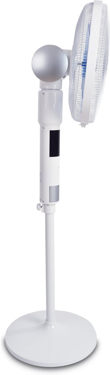 A white standing fan is on a white surface. The fan has a circular base, vertical pole, and a fan head.