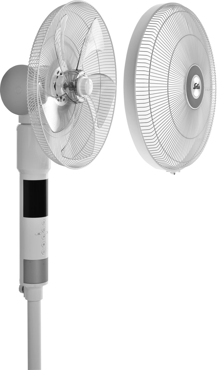 A white standing fan with two circular fan heads. One side shows the fan blades. The other has a Solis logo.