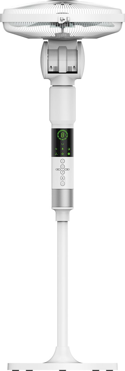 A white standing fan. It has a round head with protective bars, a digital display, and a silver speaker at the base.