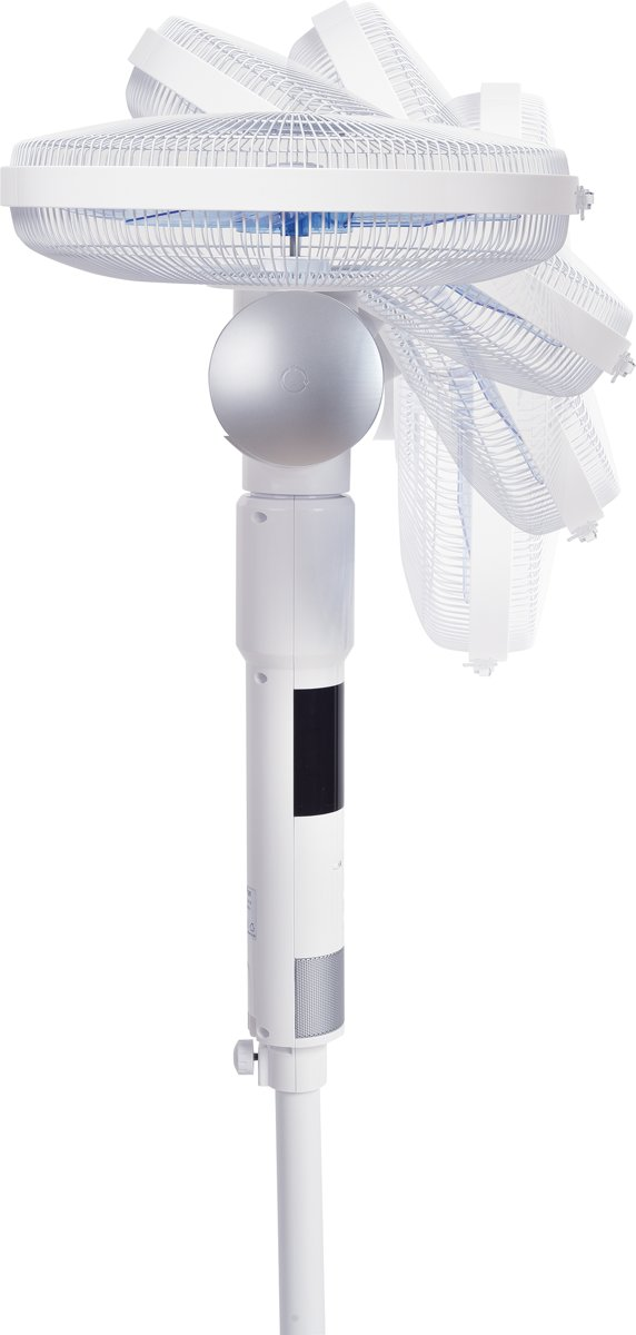 A white electric fan on a white stand is shown. The fan has multiple blades, and the head can be adjusted.