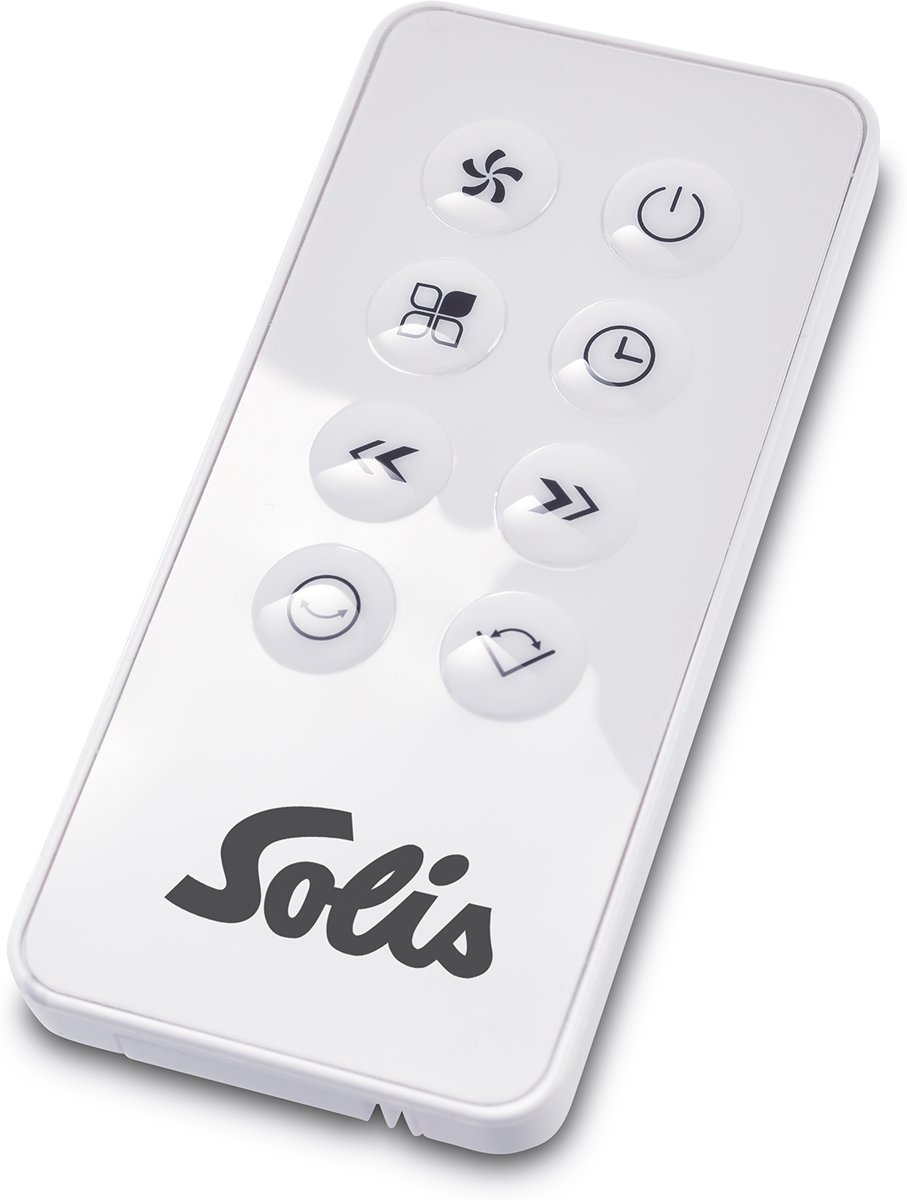 A white Solis remote control with several buttons, including power, fan, and timer settings. The remote is on a white background.
