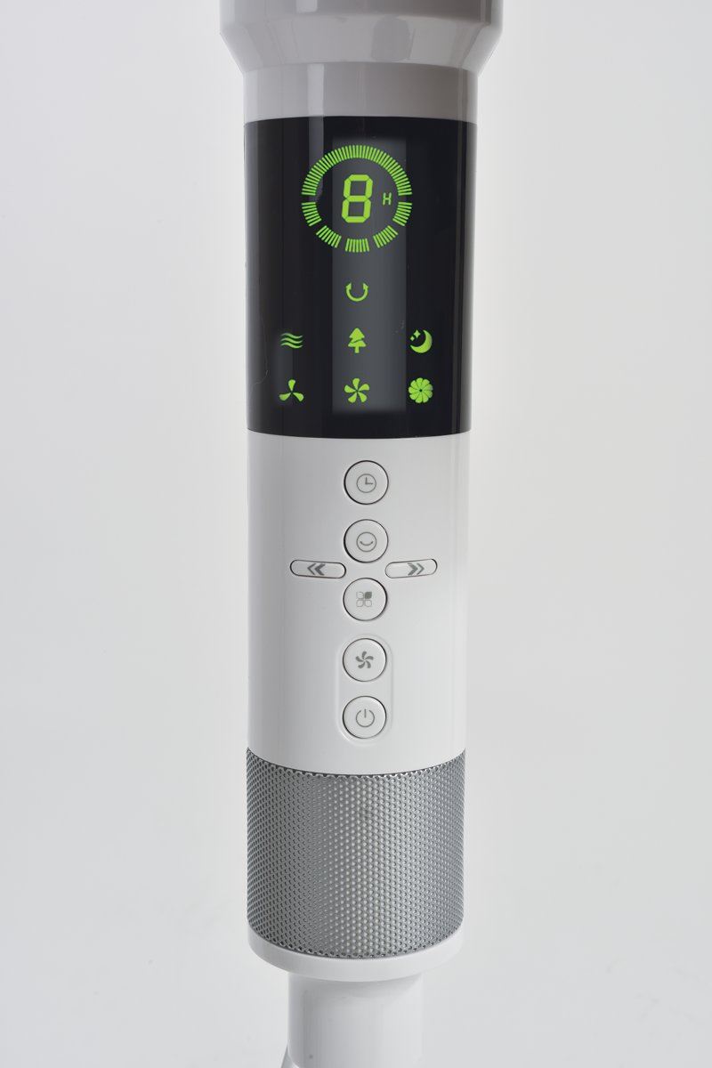 A white and gray fan with a digital display showing '8H' and several icons. Buttons are below the display for different functions.