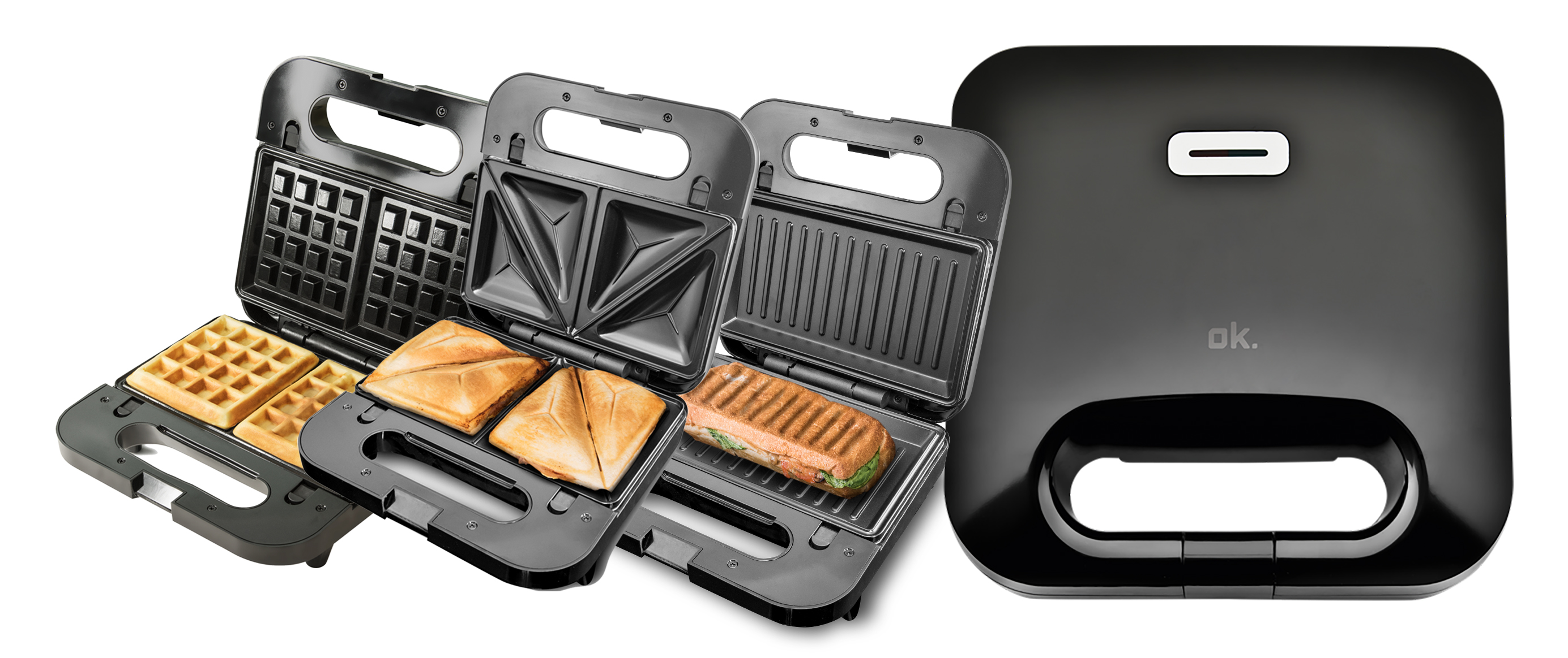 Sandwichmaker mit drei verschiedenen Platten. Waffel-, Sandwich- und Panini-Variationen.