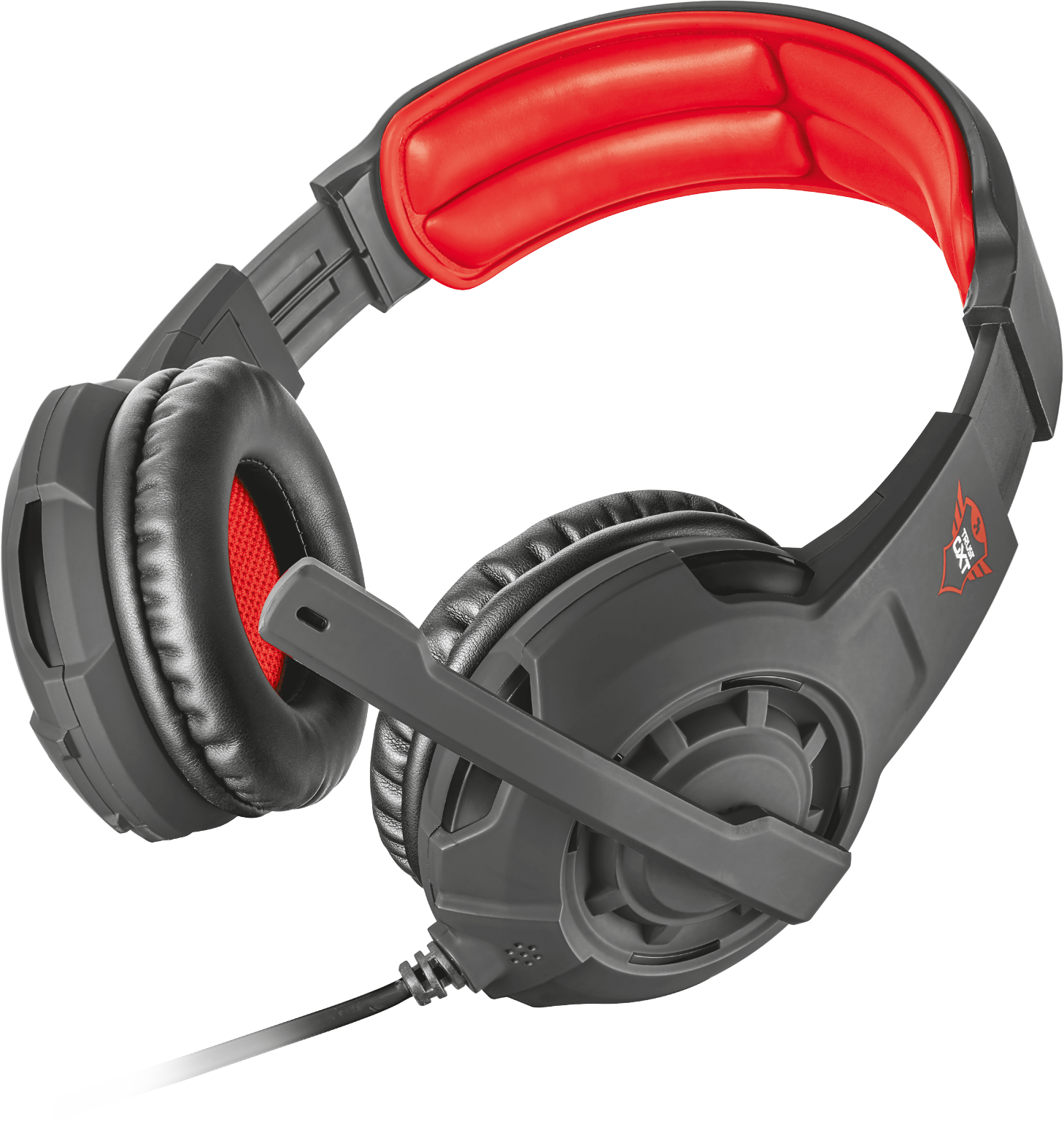 Fekete-piros gamer headset. Mikrofonnal, fülpárnákkal és párnázott fejpánttal rendelkezik. A háttér fehér.