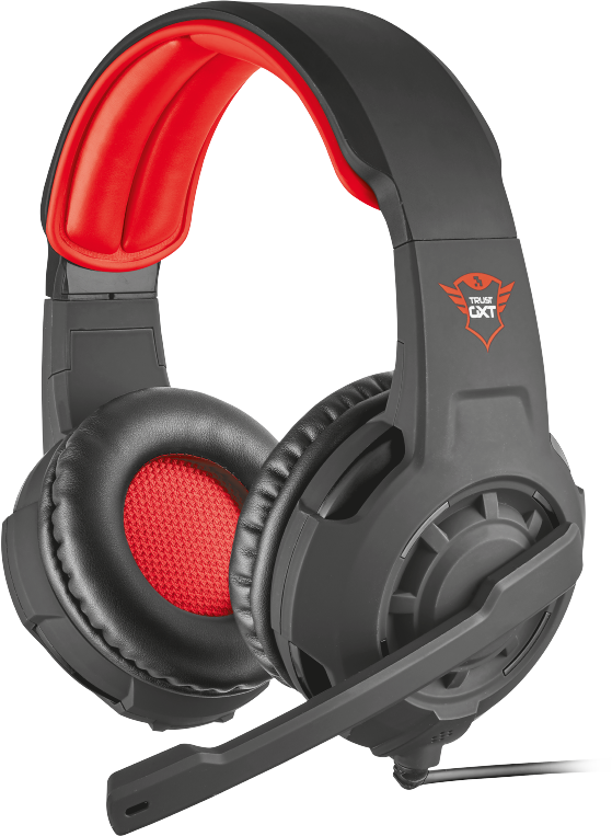 Fekete és piros gamer headset mikrofonnal. A fülkagylók feketék, piros hálóval. A fejpánt fekete, piros párnázással.