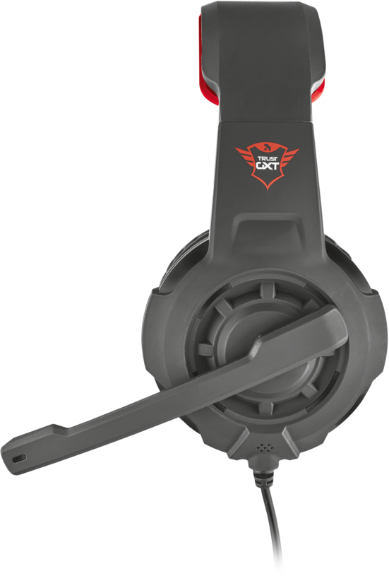 Egy fekete-szürke Trust CXT gaming headset piros logóval, rugalmas mikrofonnal és fekete kábellel.