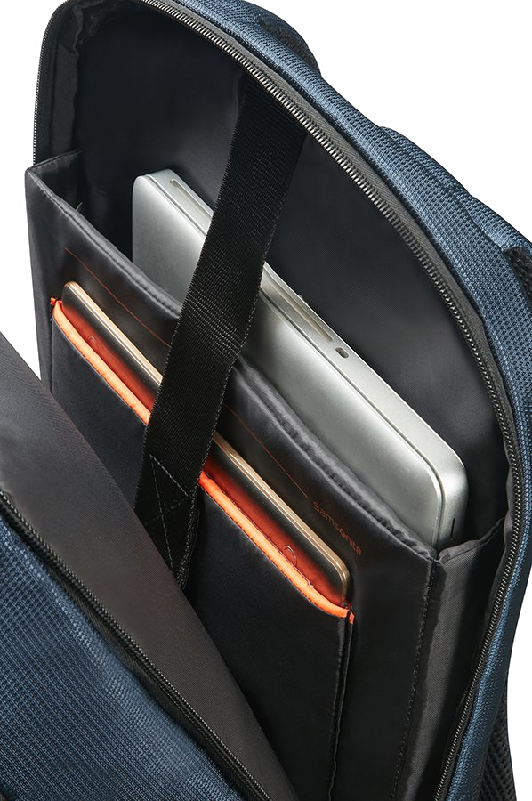 Kék Samsonite hátizsák belseje. Egy laptop és két tablet a rekeszekben. Fekete pánt középen.