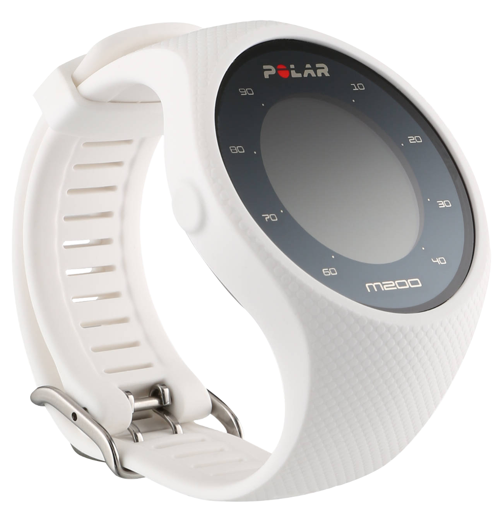 Fehér Polar m200 óra. A képernyő számokkal és fekete háttérrel látható.