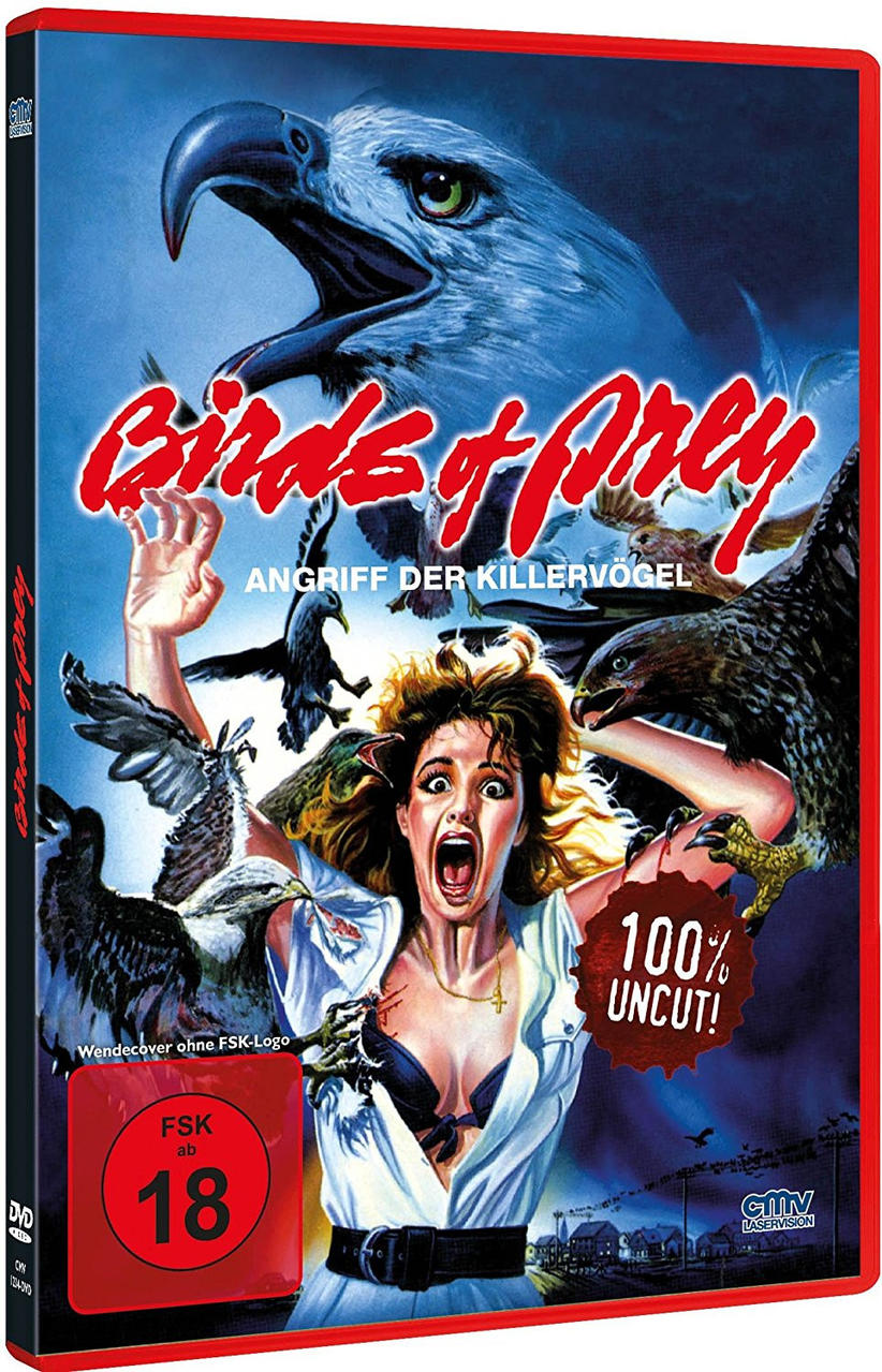 DVD-Cover für den Film 'Birds of Prey'. Zeigt eine schreiende Frau, umgeben von angreifenden Vögeln.
