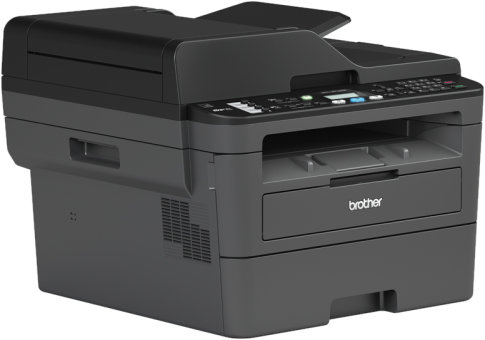 Imprimante Brother noire. Inclut un bac d'entrée, un bac de sortie, un panneau de commande et un chargeur de documents. L'imprimante est sur fond blanc.