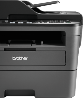 Une imprimante Brother est montrée, avec un tiroir et un panneau de contrôle. L'imprimante est de couleur gris foncé.