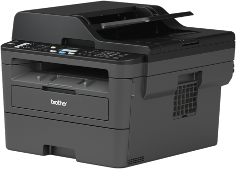 Une imprimante Brother noire. Elle a un dessus ouvert, un panneau de contrôle, un bac à papier et le logo Brother.