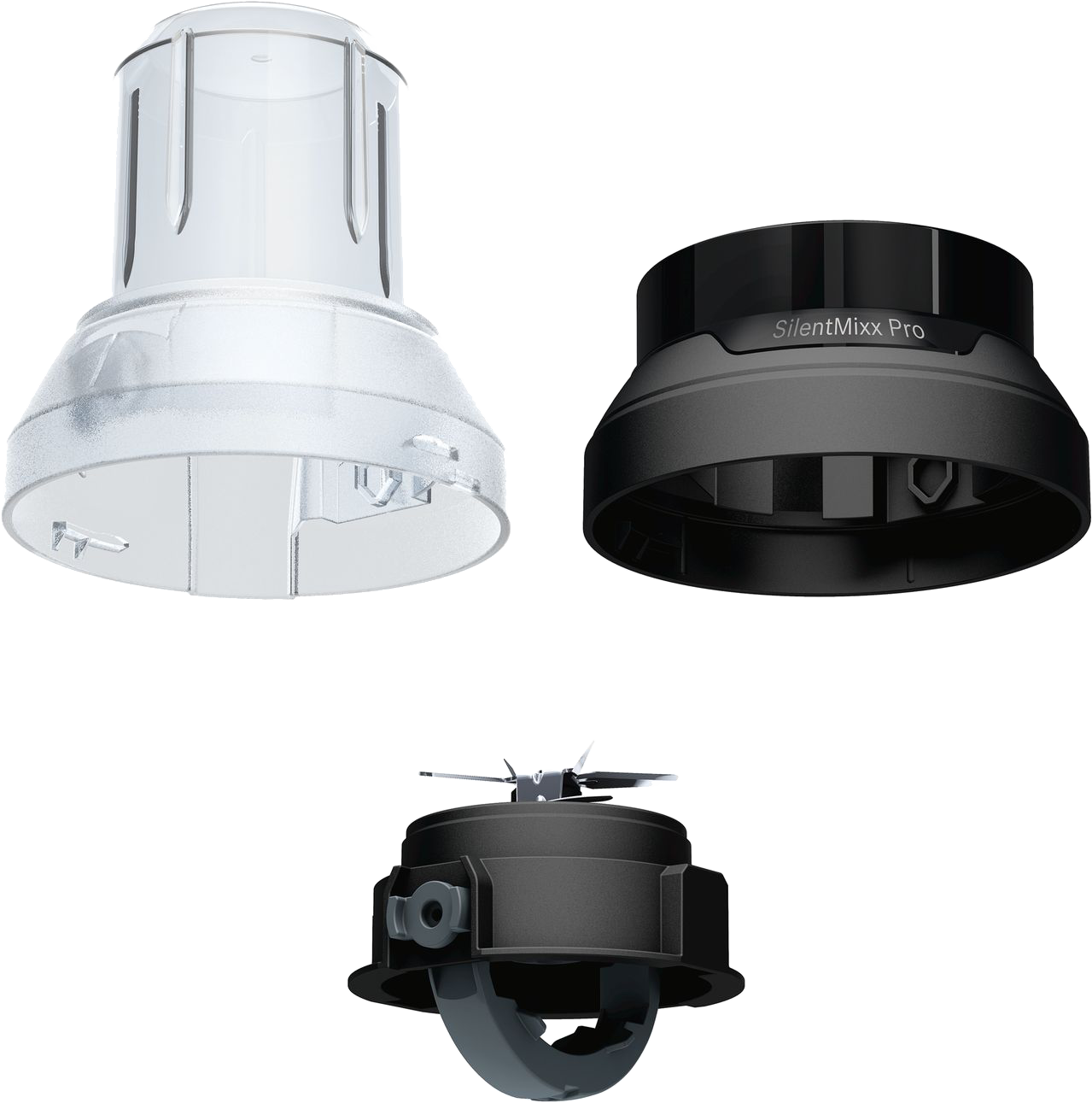 Három turmixgép alkatrész: fehér felső rész, fekete SilentMixx Pro és késalap.