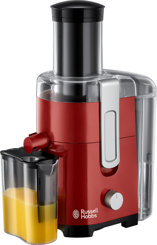 Piros Russell Hobbs gyümölcscentrifuga fekete tetővel, lé tartállyal és pépesedény.