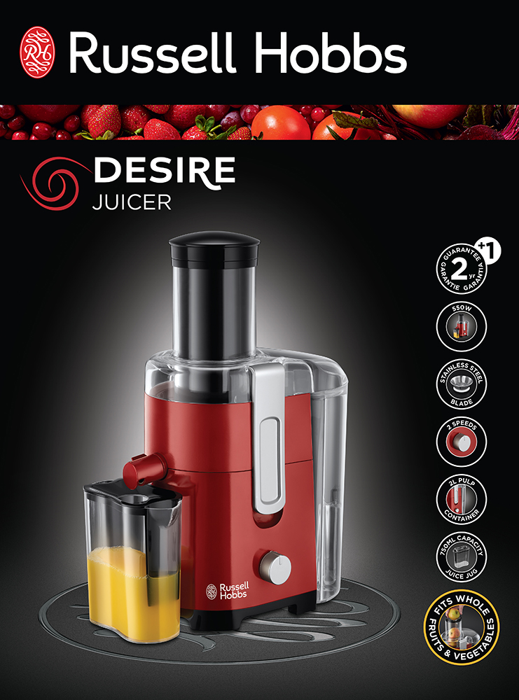Piros-fekete Russell Hobbs Desire gyümölcscentrifuga egy pohár lével.