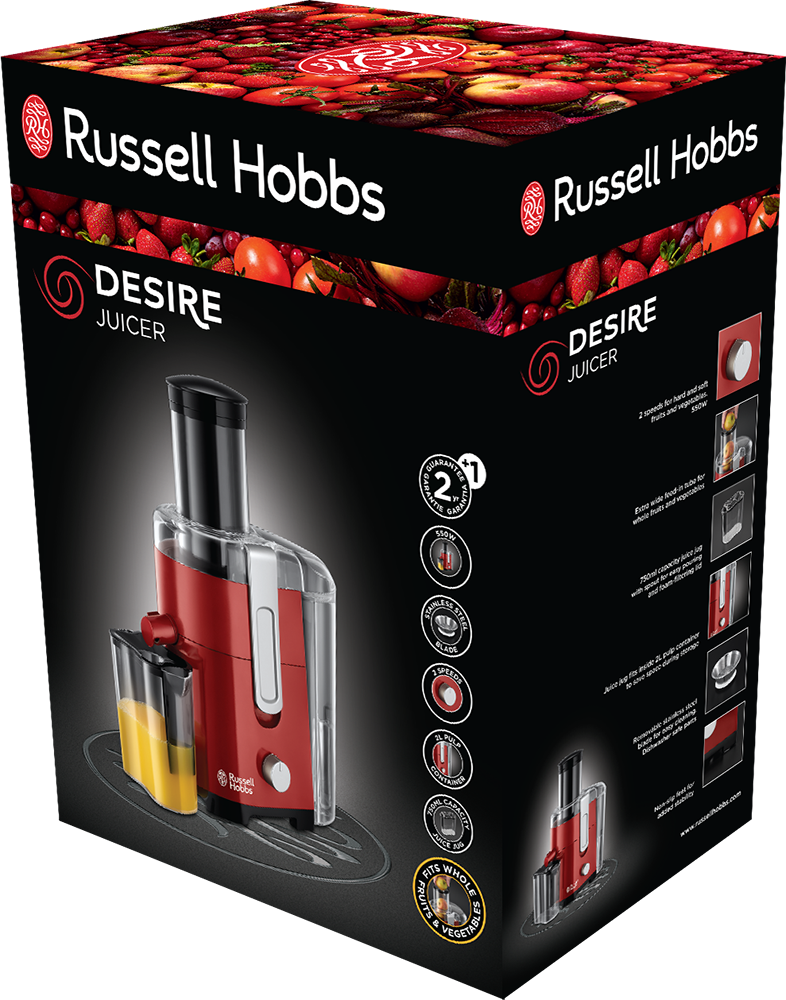 Piros Russell Hobbs Desire Juicer doboz. A gyümölcscentrifugát, a jellemzőket és a termék részleteit mutatja.